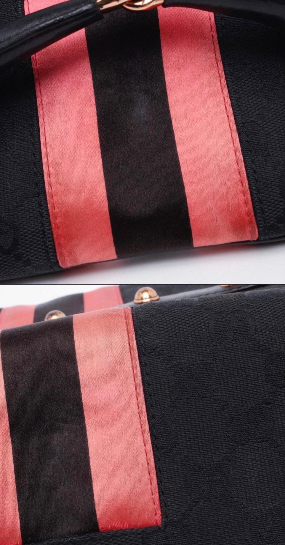 Gucci Horsebit 1955 Chain Shoulder bag Black monogram with Pink silk stripe 1