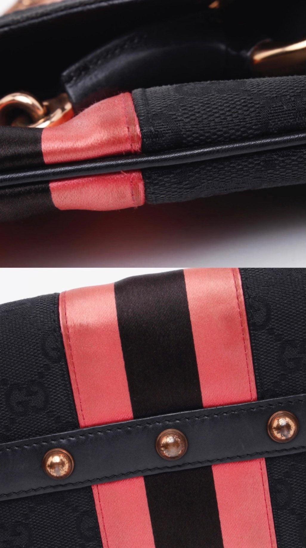Gucci Horsebit 1955 Chain Shoulder bag Black monogram with Pink silk stripe 2