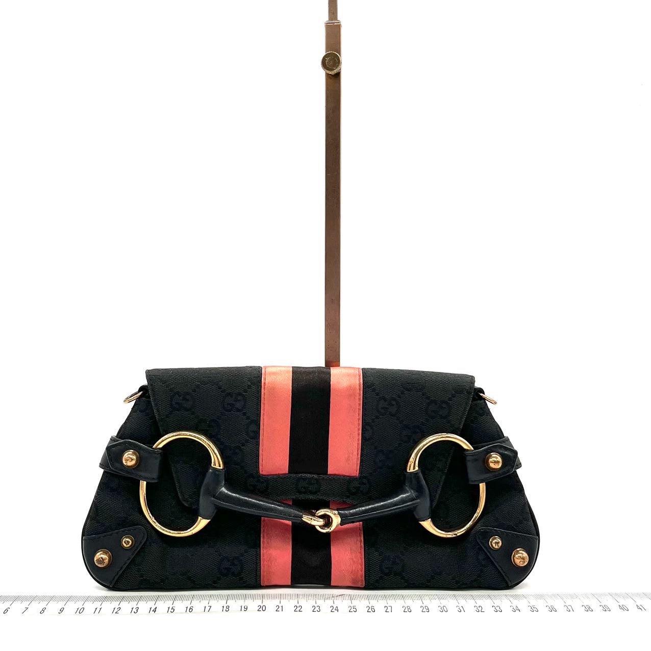 Gucci Horsebit 1955 Chain Shoulder bag Black monogram with Pink silk stripe 4