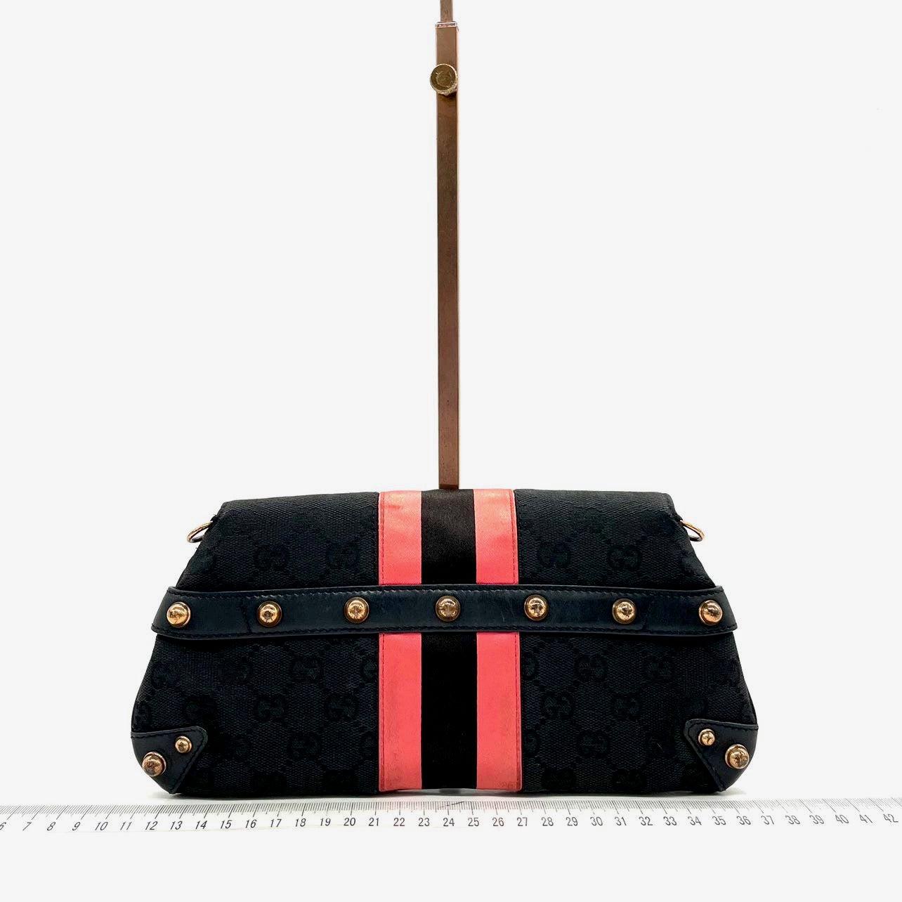 Gucci Horsebit 1955 Chain Shoulder bag Black monogram with Pink silk stripe 5