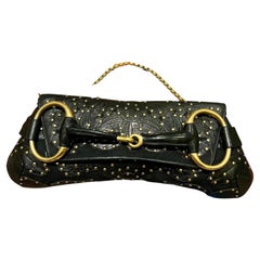 Gucci Horsebit 1955 Chain Shoulder bag Large Black Embossed Leather Gold Studs