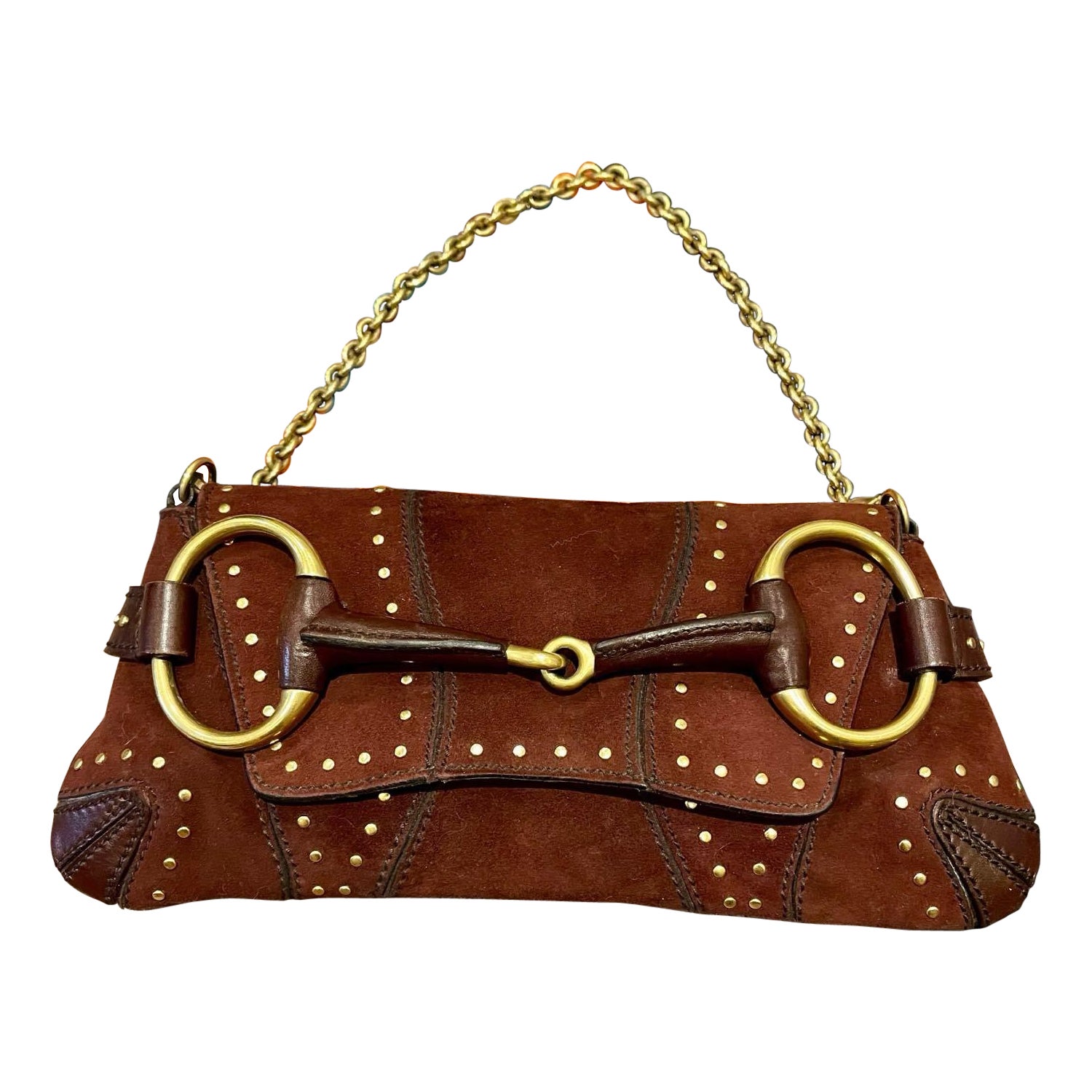 Gucci Horsebit 1955 Chain Vintage Shoulder Bag Brown Studded Suede Leather