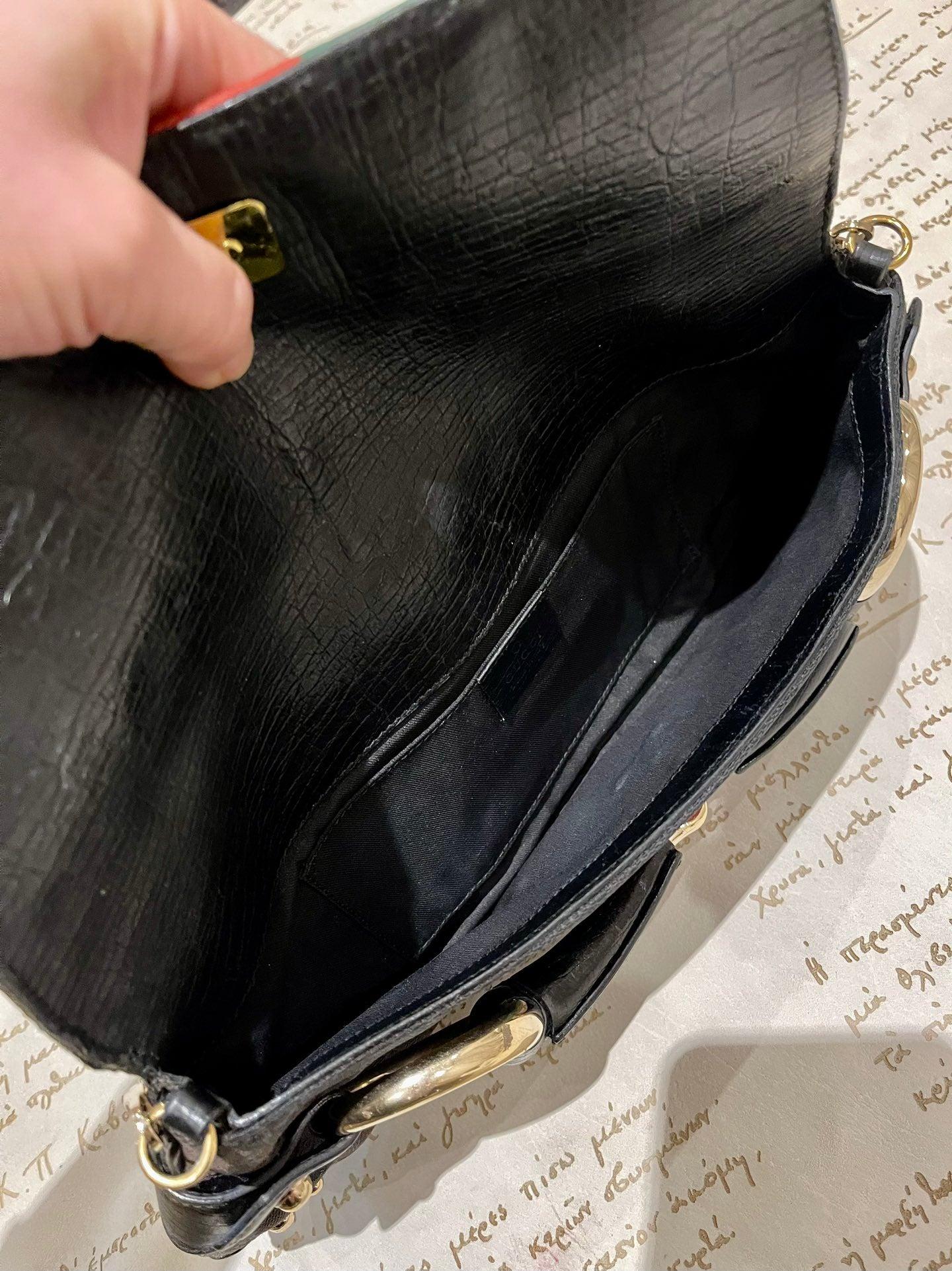 Gucci Horsebit 1955 Cloth Black Monogram Red Web Large Shoulder bag For Sale 7