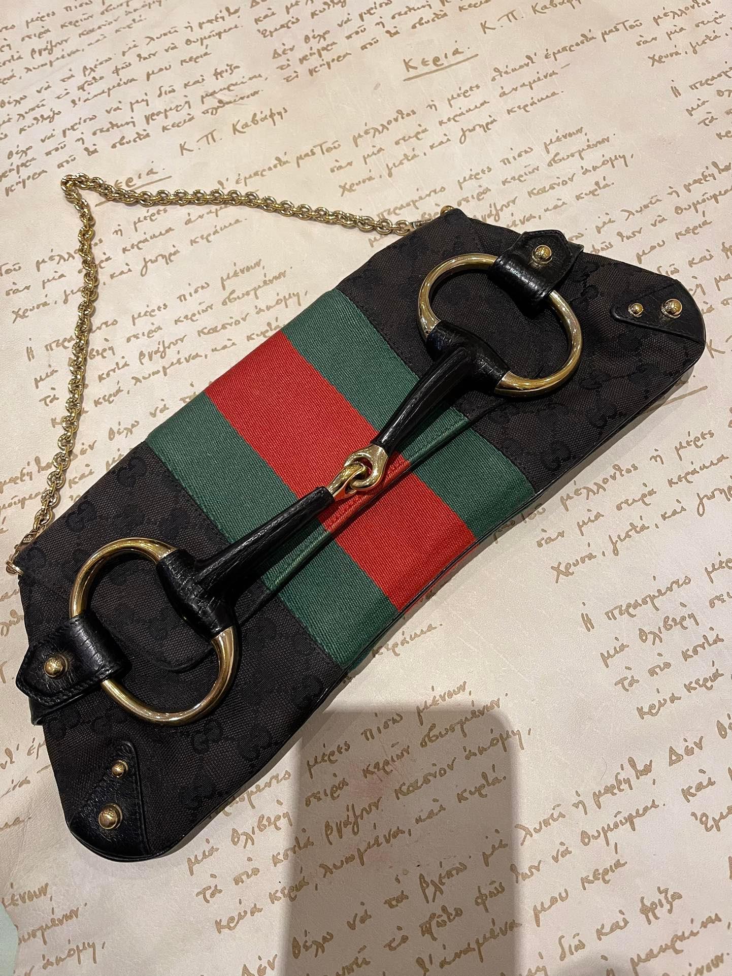 Women's Gucci Horsebit 1955 Cloth Black Monogram Red Web Large Shoulder bag For Sale