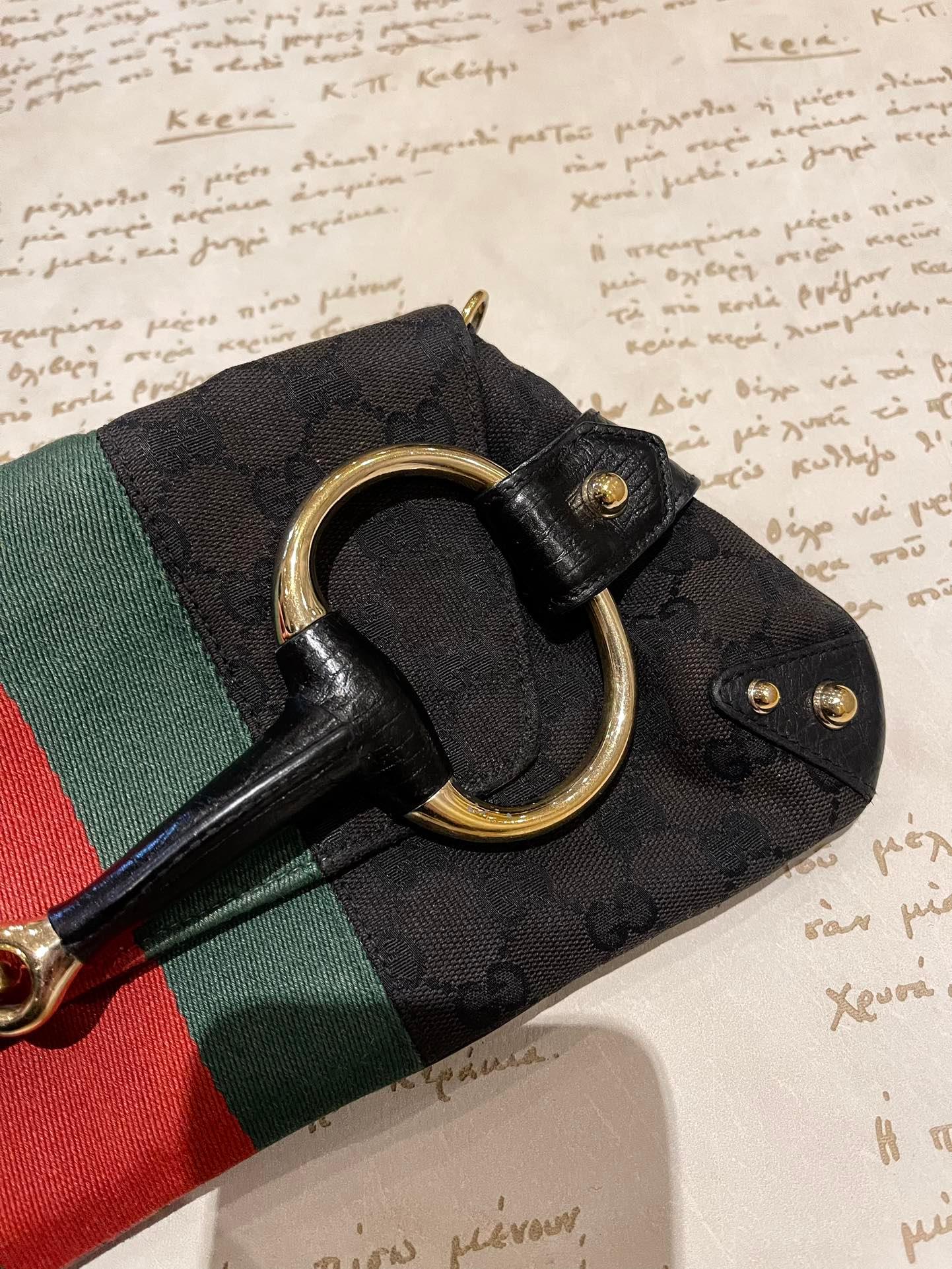 Gucci Horsebit 1955 Cloth Black Monogram Red Web Large Shoulder bag For Sale 1