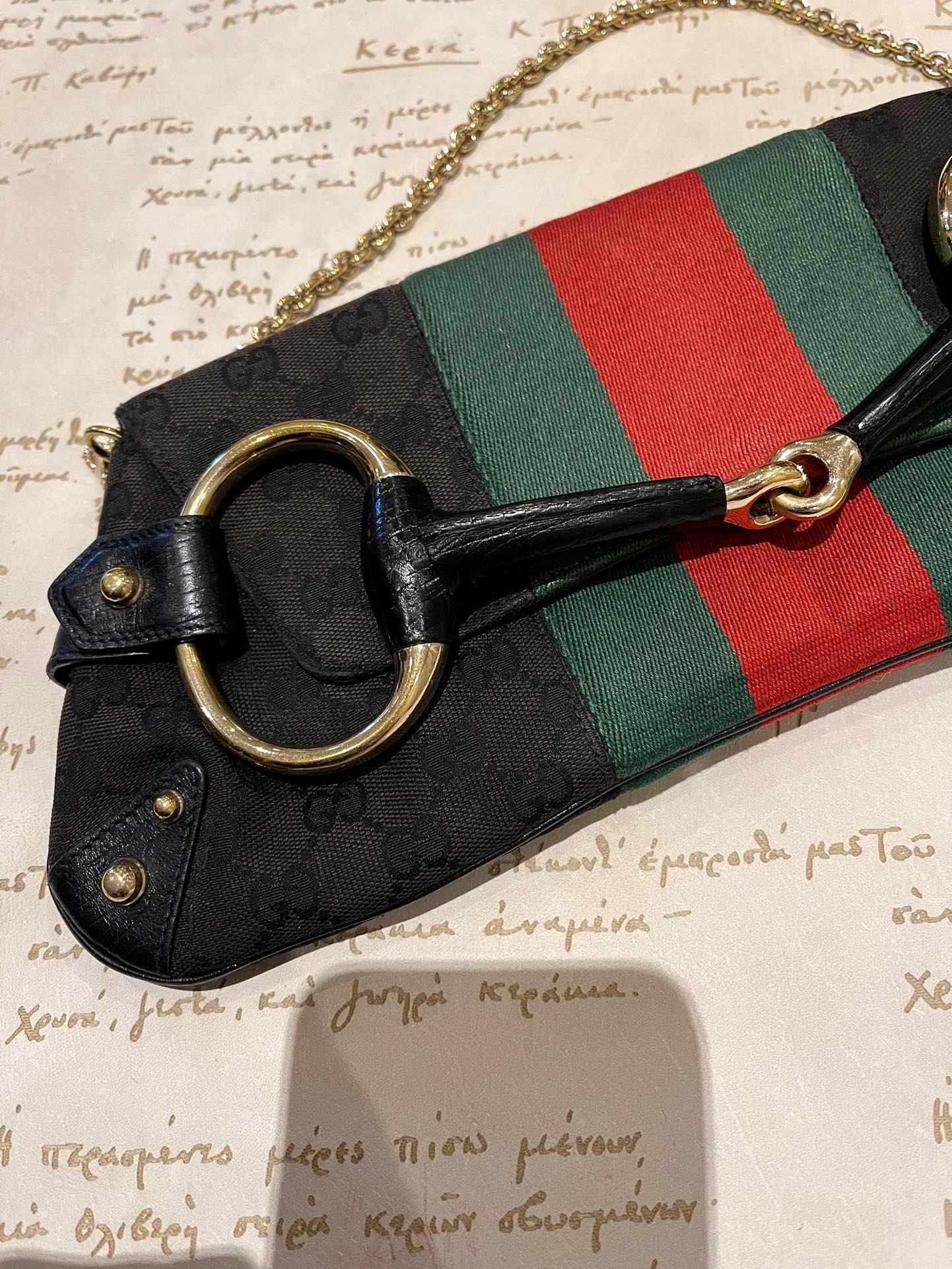 Gucci Horsebit 1955 Cloth Black Monogram Red Web Large Shoulder bag For Sale 2