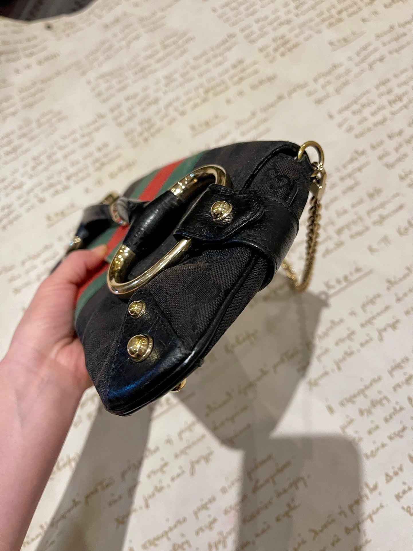 Gucci Horsebit 1955 Cloth Black Monogram Red Web Large Shoulder bag For Sale 3