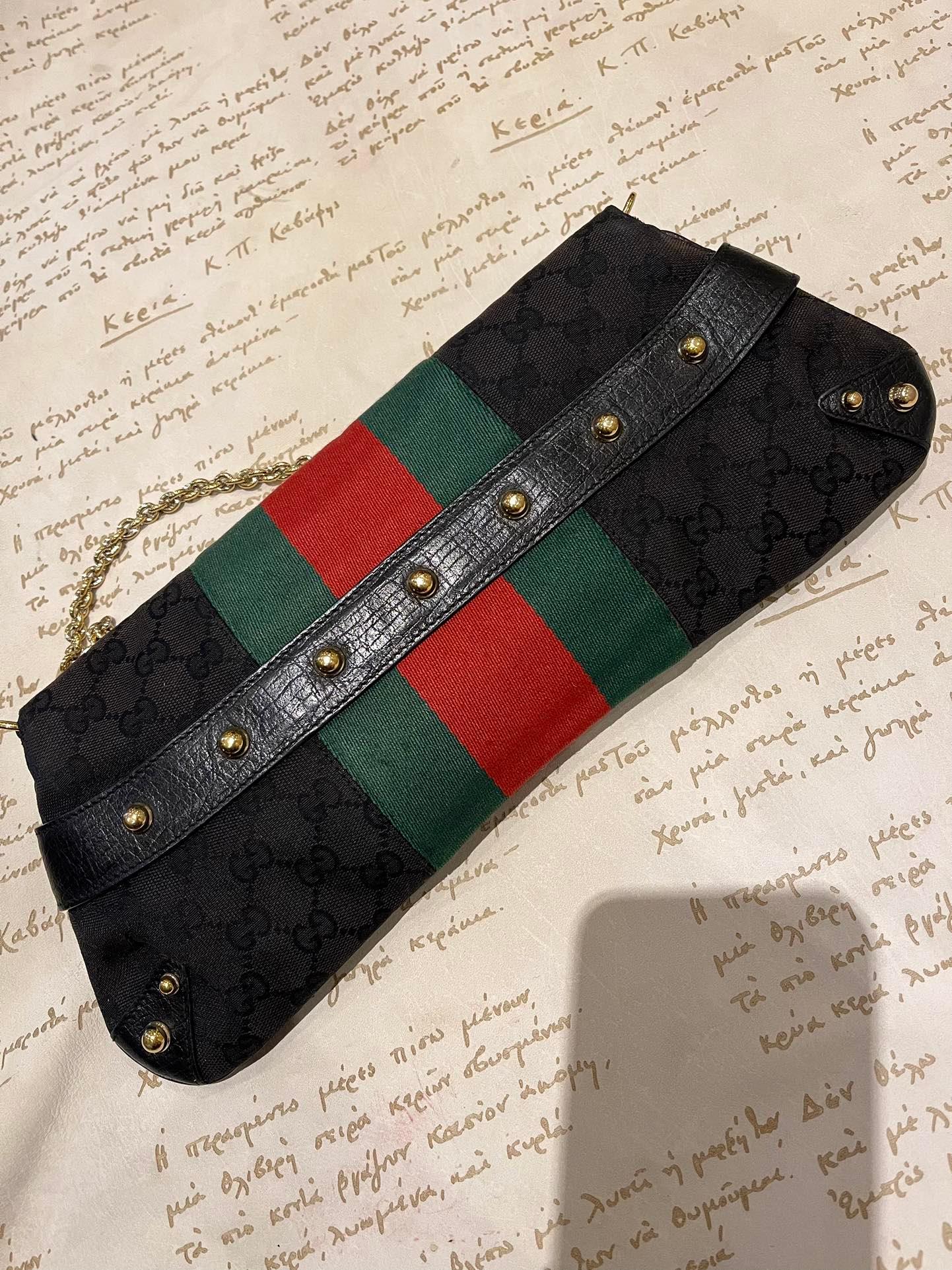 Gucci Horsebit 1955 Cloth Black Monogram Red Web Large Shoulder bag For Sale 5
