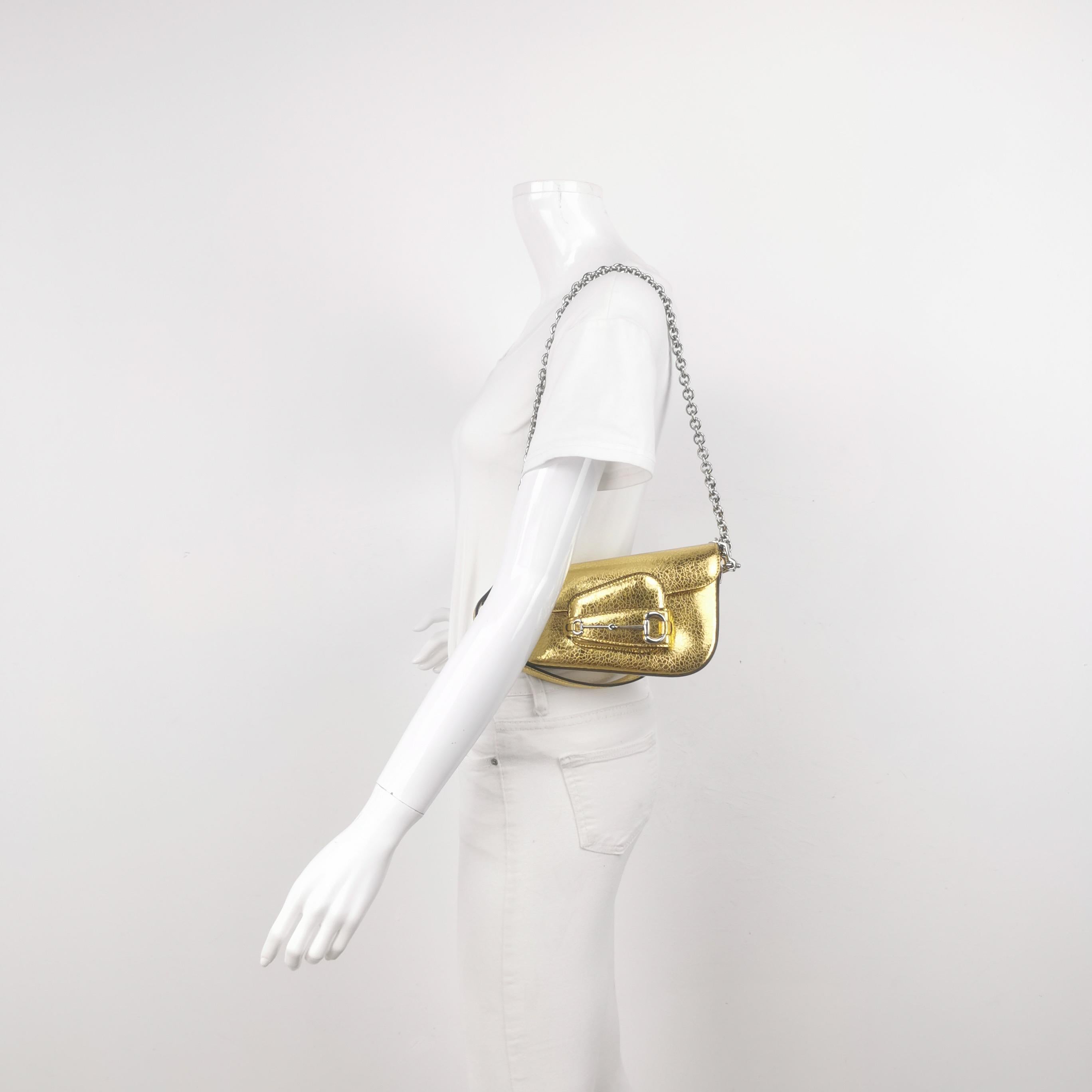 Sac à bandoulière en cuir craquelé Gucci 1955 Gold Metallic Excellent état - En vente à AUBERVILLIERS, FR