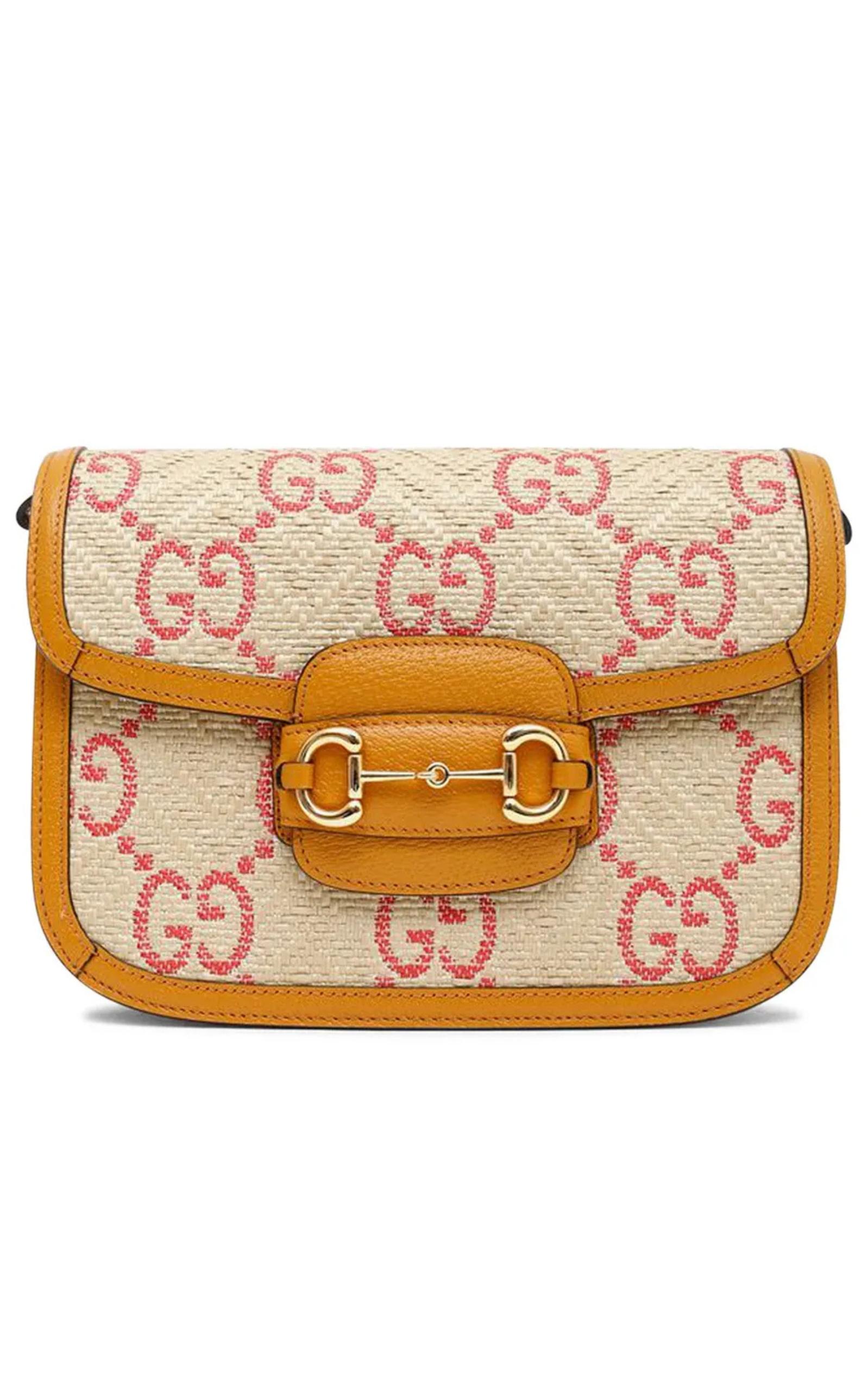 Brown Gucci Horsebit 1955 Pink Raffia Shoulder Bag For Sale