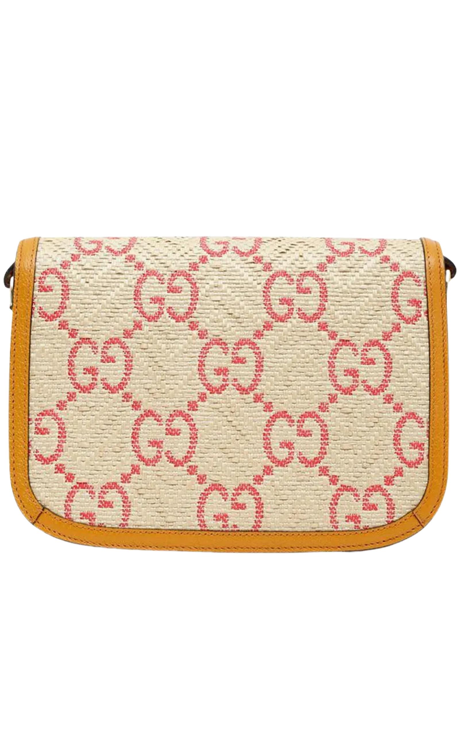 Gucci Horsebit 1955 Pink Raffia Shoulder Bag In New Condition For Sale In Brossard, QC
