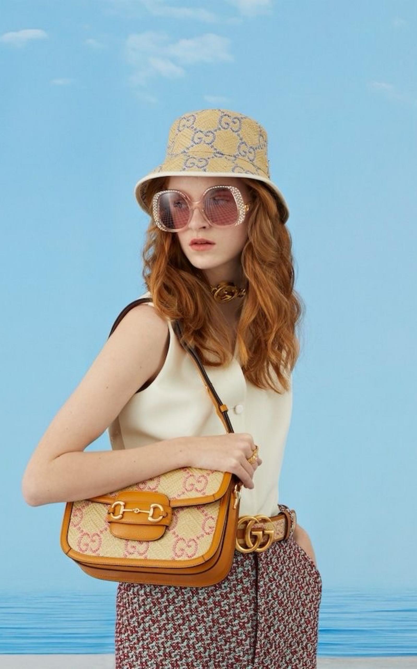 Gucci Horsebit 1955 Pink Raffia Shoulder Bag For Sale 1