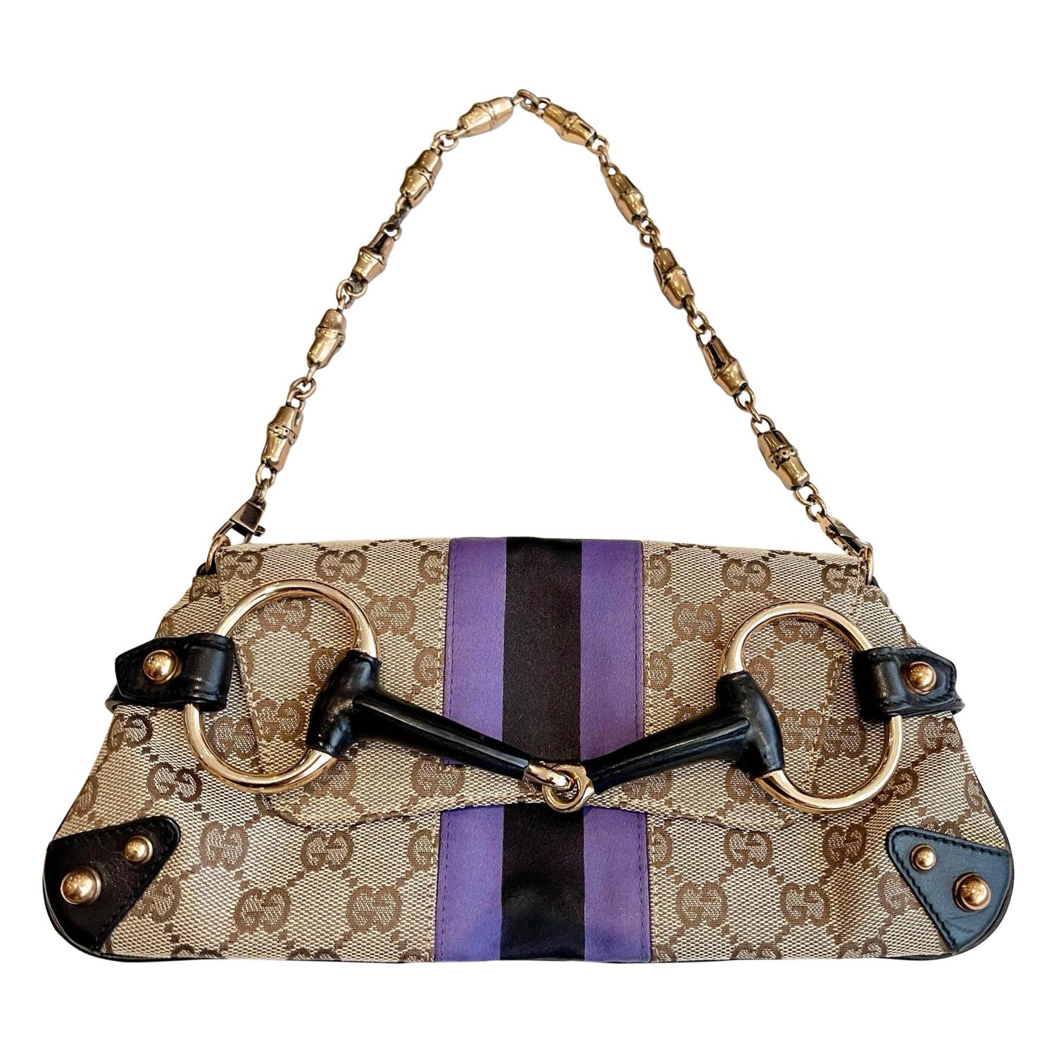 Gucci Horsebit 1955 Small Chain Bag Gucci Monogram Black Purple Web For Sale