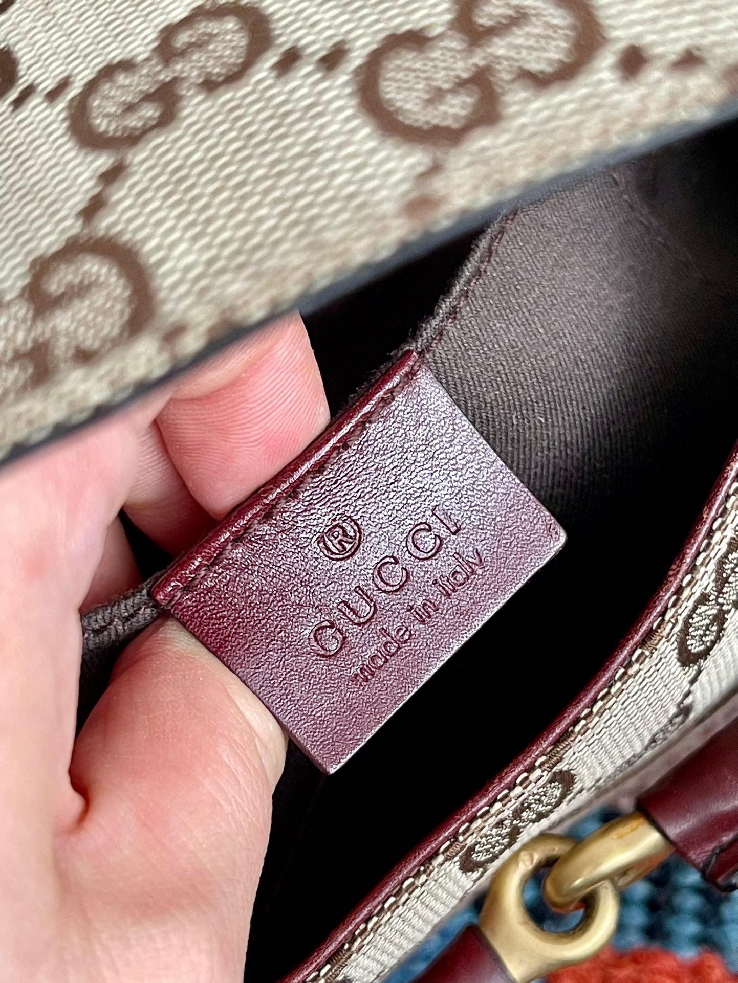 Gucci Horsebit 1955 Small Cloth Beige Monogram Burgundy Leather Shoulder bag 6