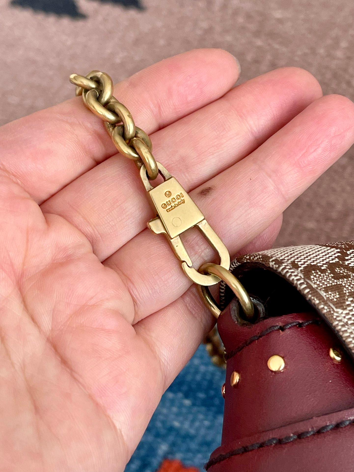 Gucci Horsebit 1955 Small Cloth Beige Monogram Burgundy Leather Shoulder bag 5