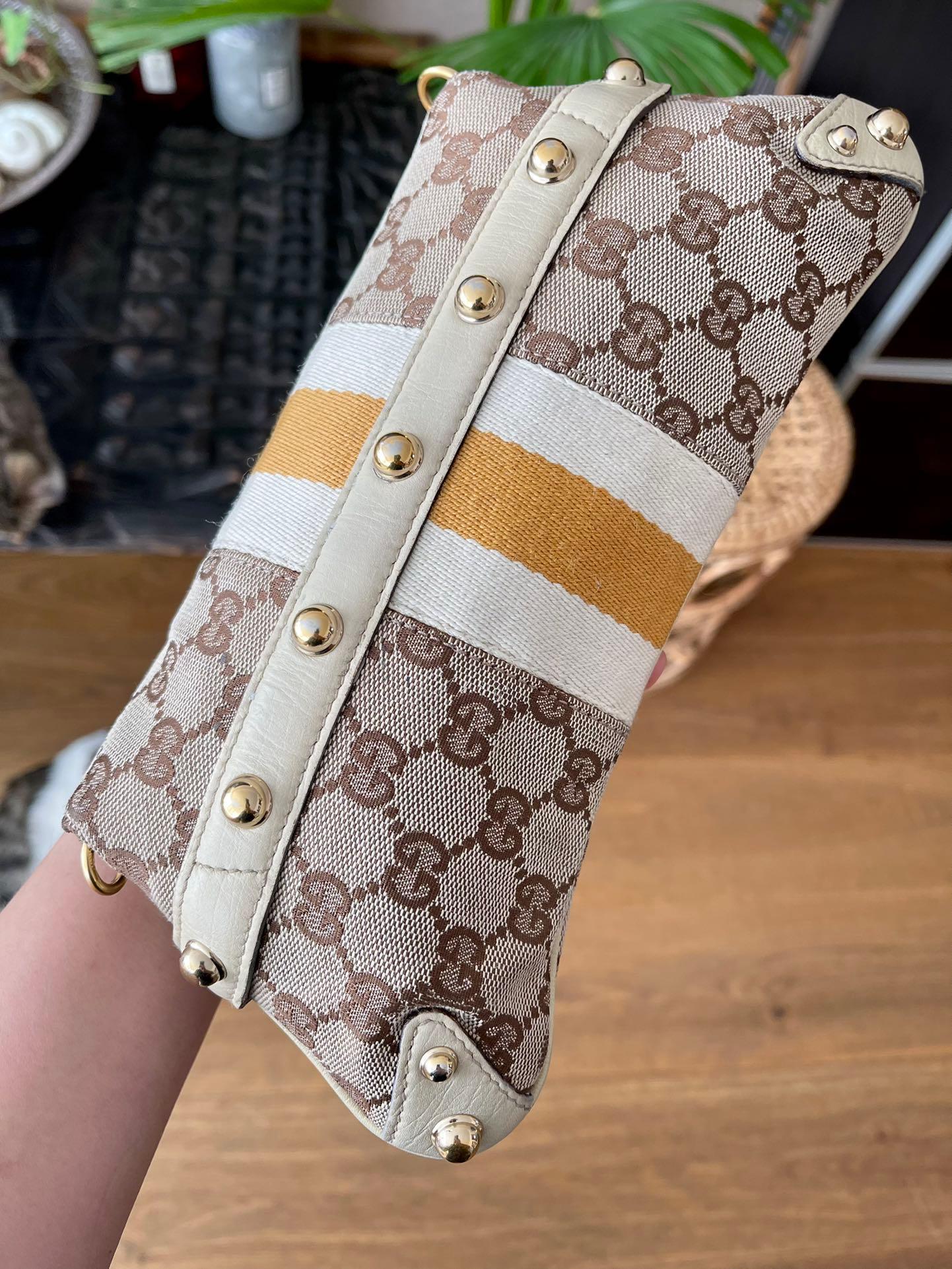 Brown Gucci Horsebit 1955 Small Cloth Beige Monogram Yellow Web Shoulder bag