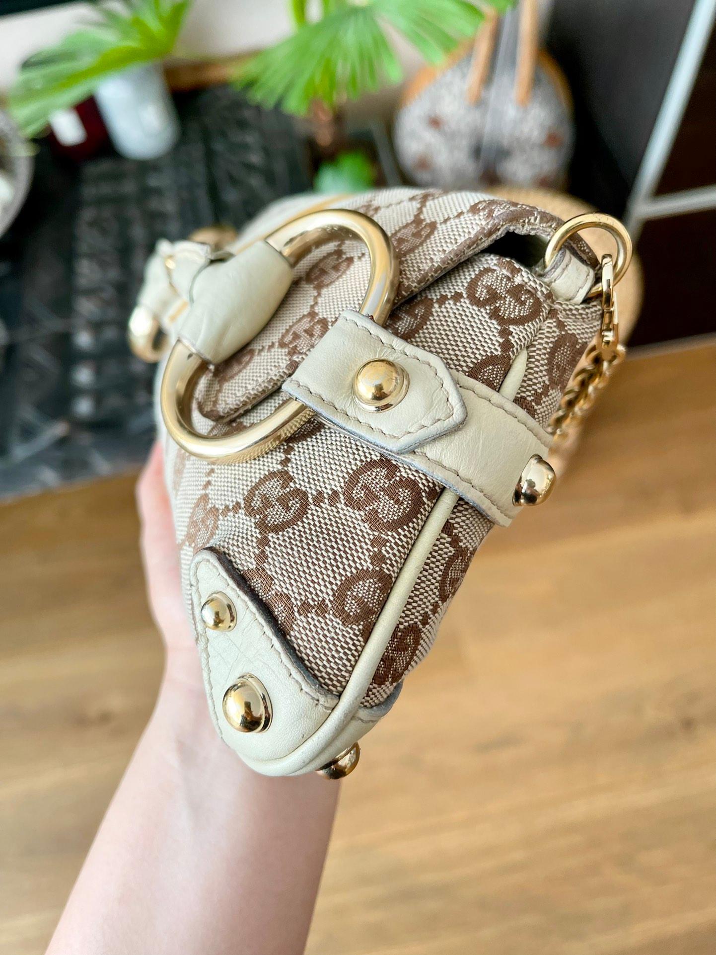 Women's Gucci Horsebit 1955 Small Cloth Beige Monogram Yellow Web Shoulder bag
