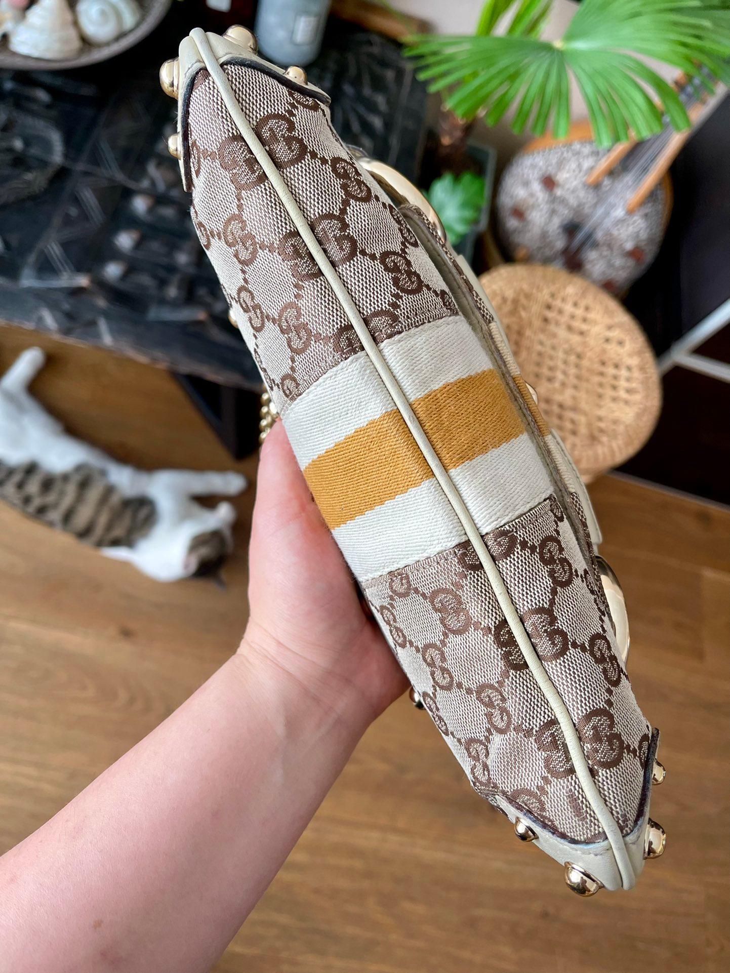 Gucci Horsebit 1955 Small Cloth Beige Monogram Yellow Web Shoulder bag 1