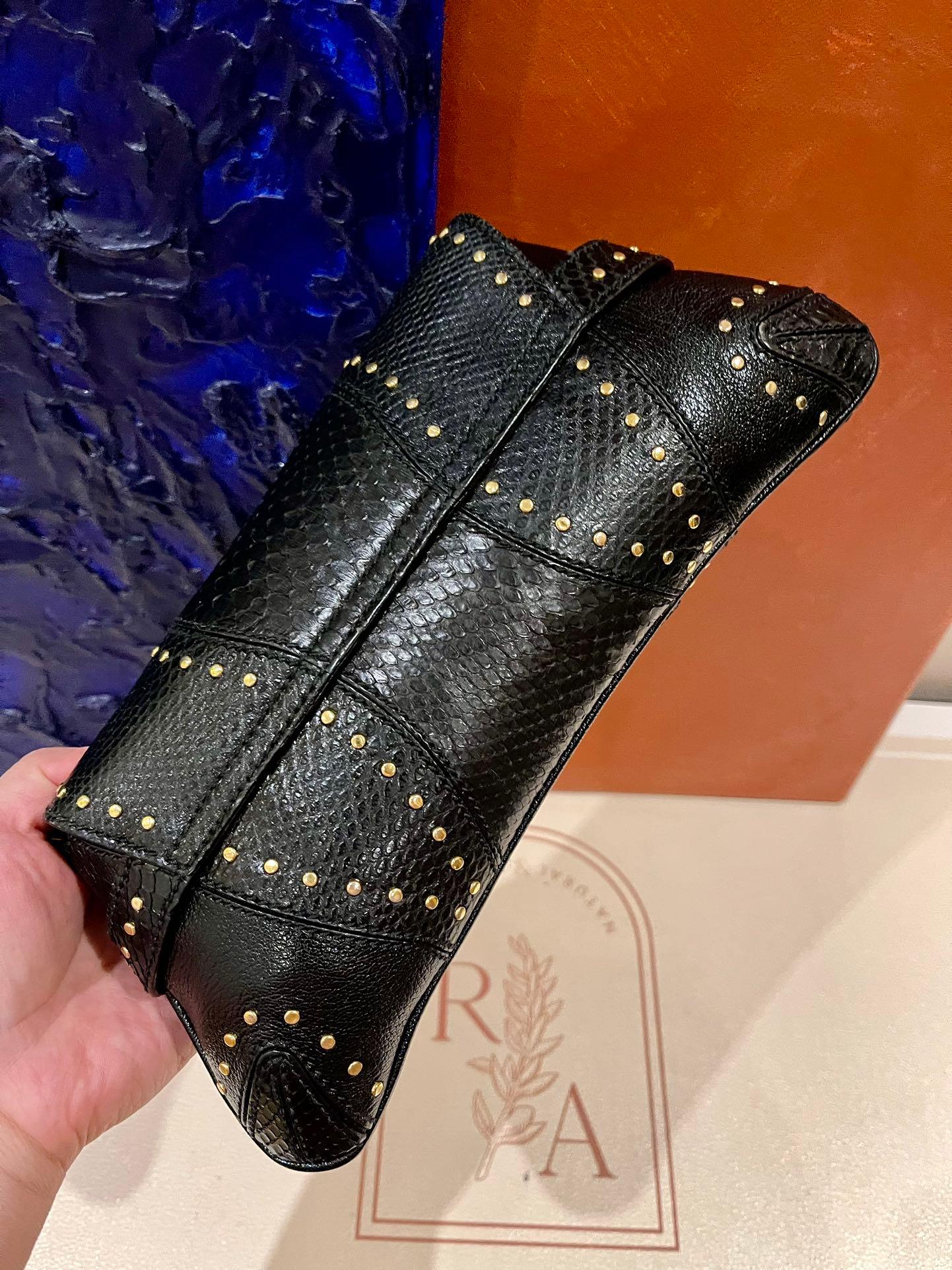 Women's Gucci Horsebit 1955 Small Snake skin leather Black Gold Studded Shoulder Bag