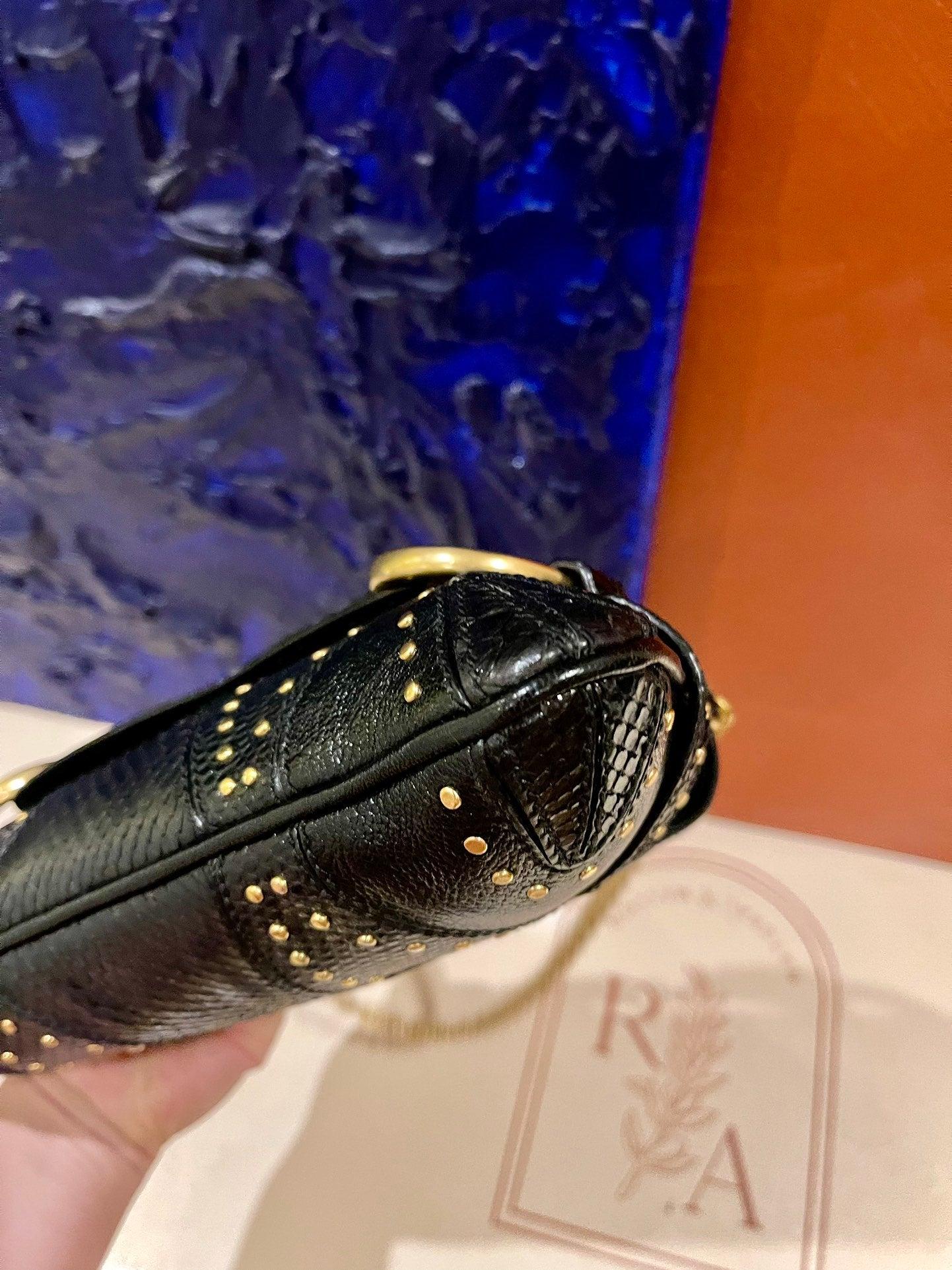 Gucci Horsebit 1955 Small Snake skin leather Black Gold Studded Shoulder Bag 4