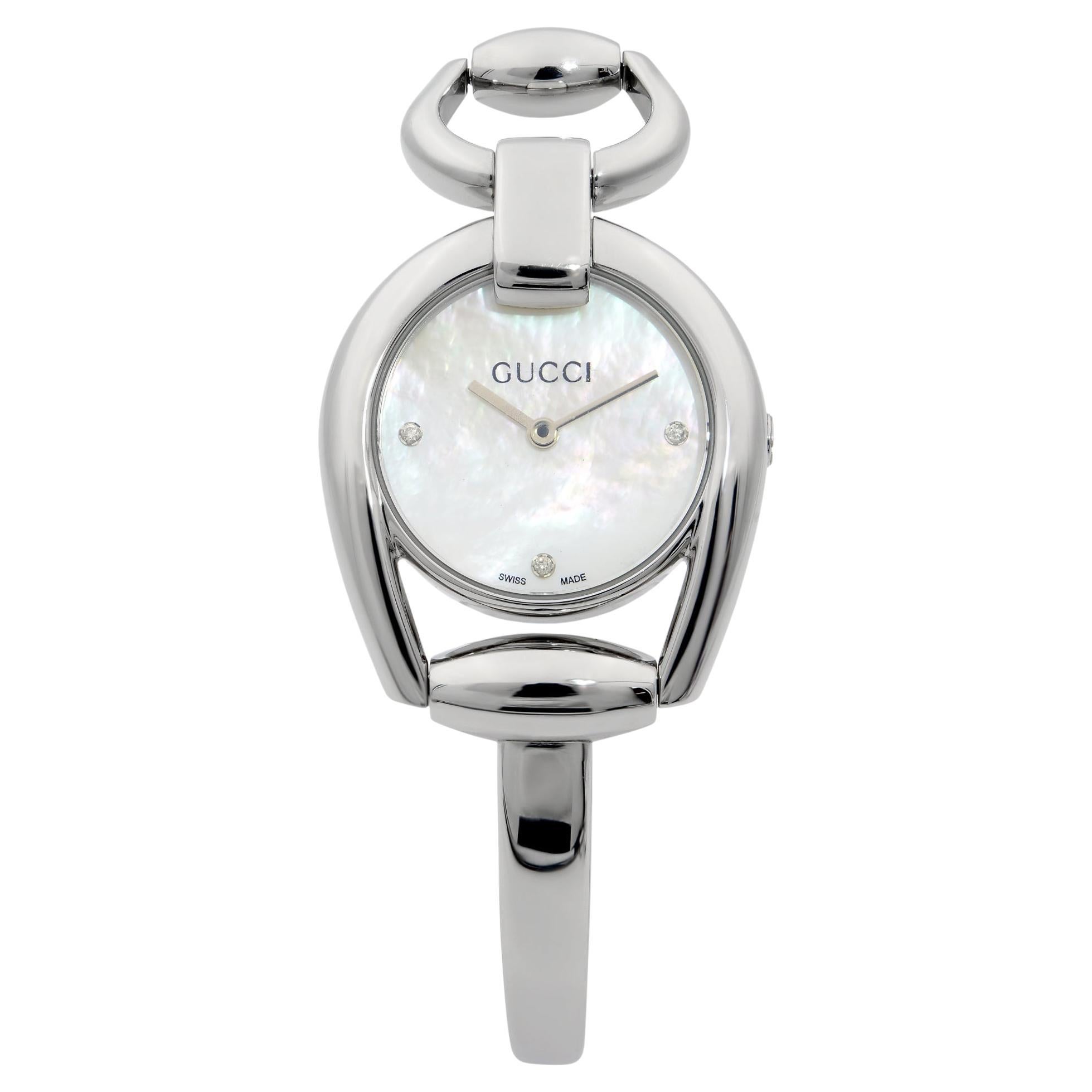 Gucci Horsebit Steel White MOP Diamond Dial Quartz Ladies Watch YA139506
