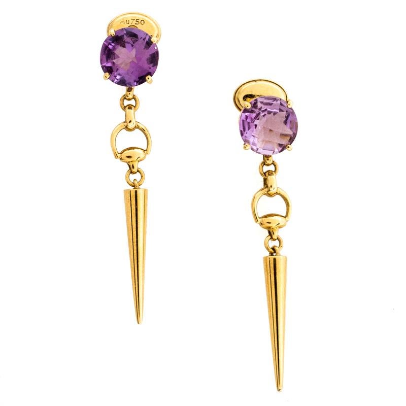 Contemporary Gucci Horsebit Amethyst 18K Yellow Gold Spike Drop Earrings