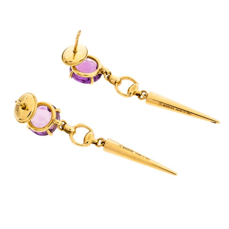 Gucci Horsebit Amethyst 18K Yellow Gold Spike Drop Earrings In Excellent Condition In Dubai, Al Qouz 2