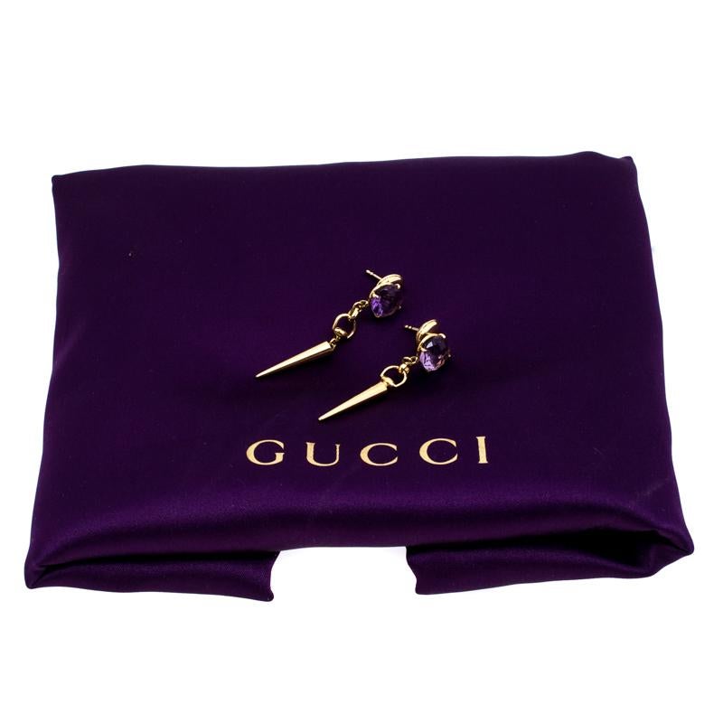 Gucci Horsebit Amethyst 18K Yellow Gold Spike Drop Earrings 1