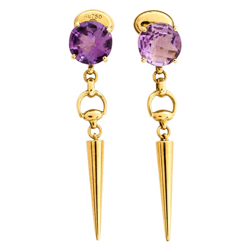 Gucci Horsebit Amethyst 18K Yellow Gold Spike Drop Earrings