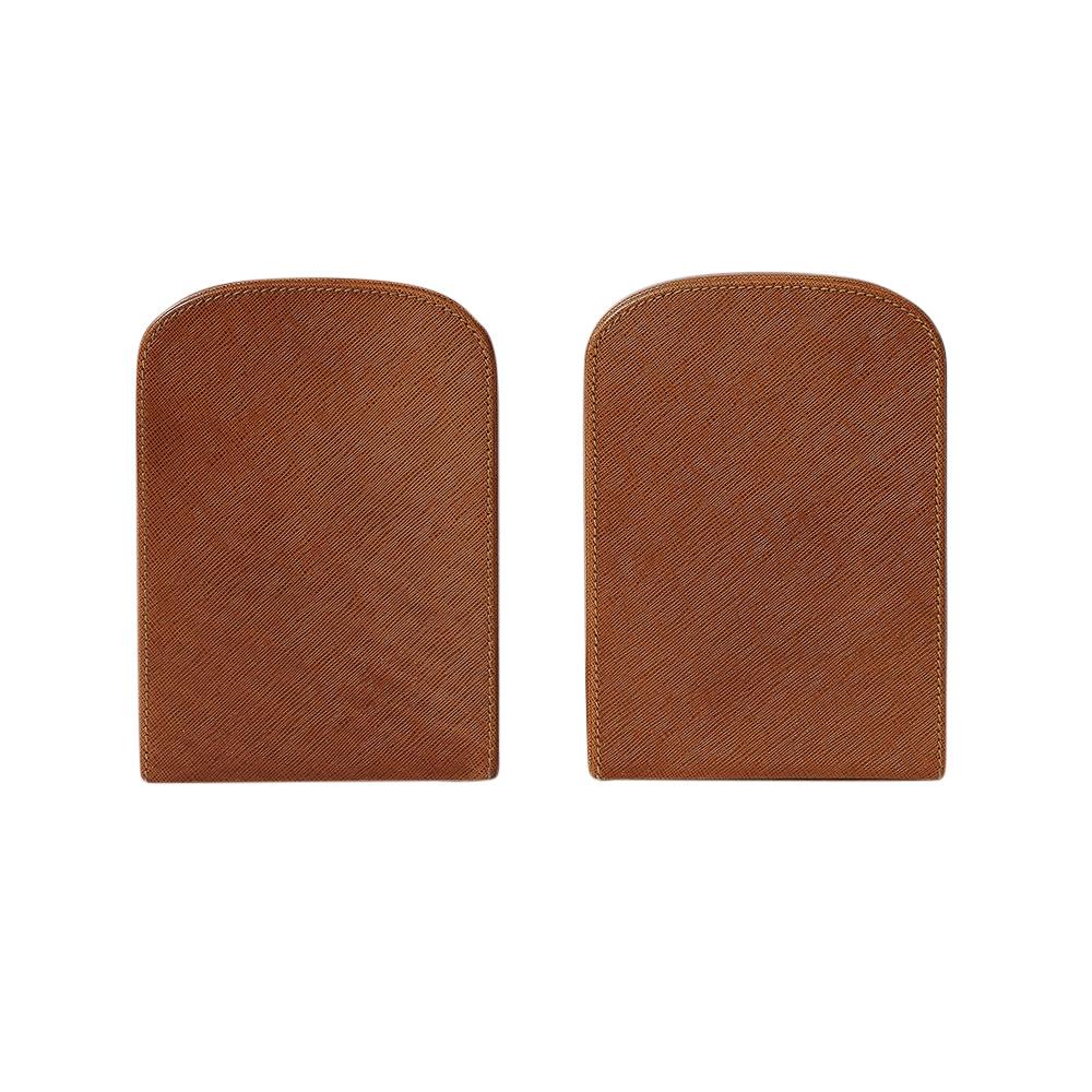 Gucci Horsebit Bookends, Tan Leather, Brass, Wood, Signed For Sale 3