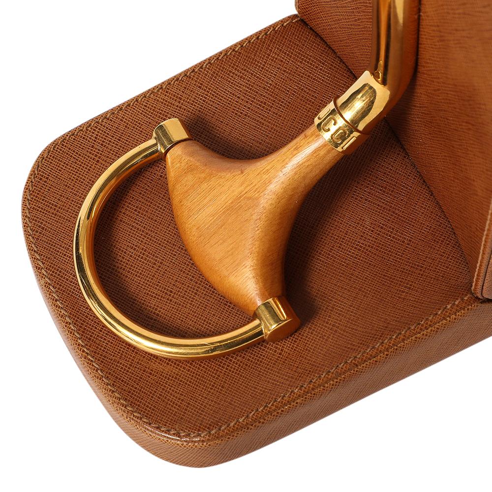 Gucci Horsebit Bookends, Tan Leather, Brass, Wood, Signed For Sale 4
