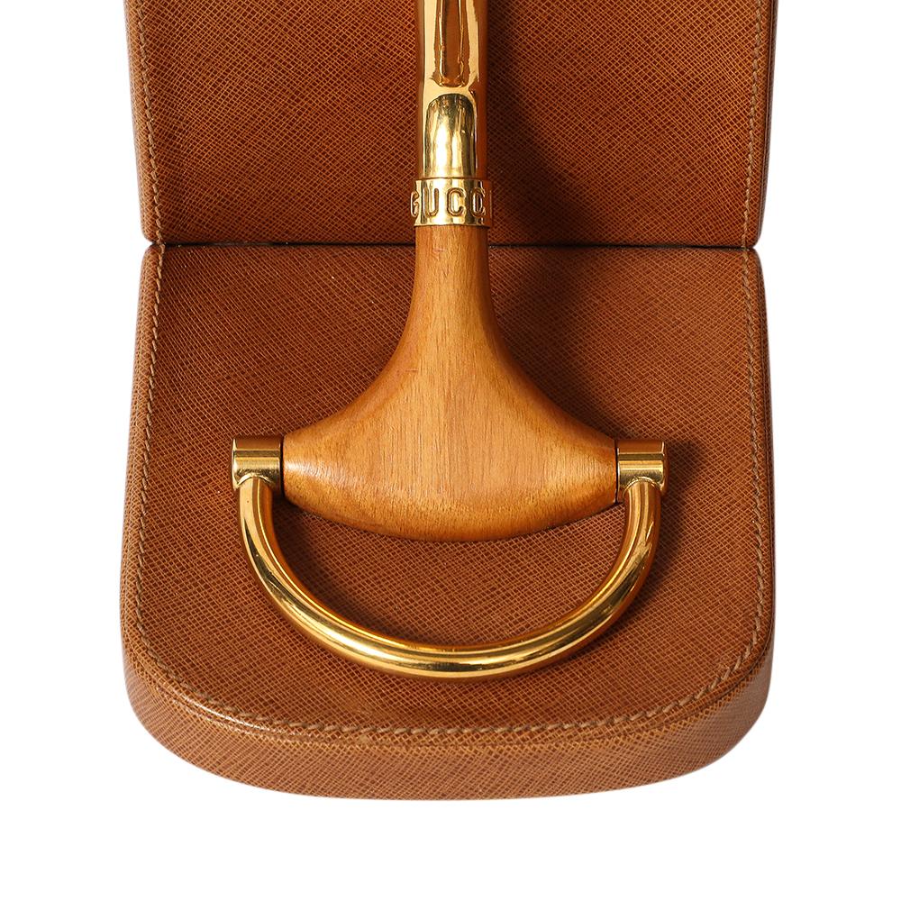 Gucci Horsebit Bookends, Tan Leather, Brass, Wood, Signed For Sale 6