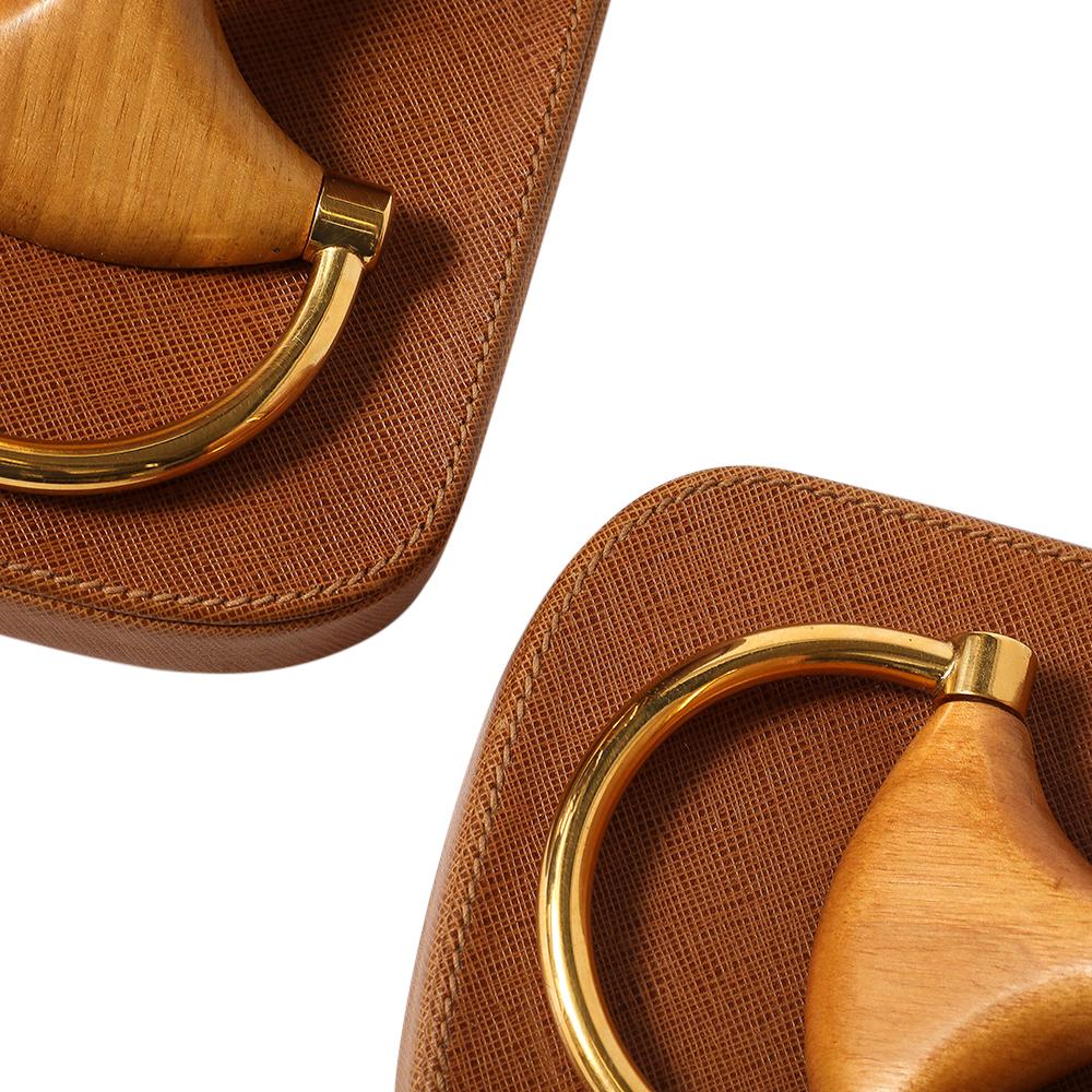 Gucci Horsebit Bookends, Tan Leather, Brass, Wood, Signed For Sale 7