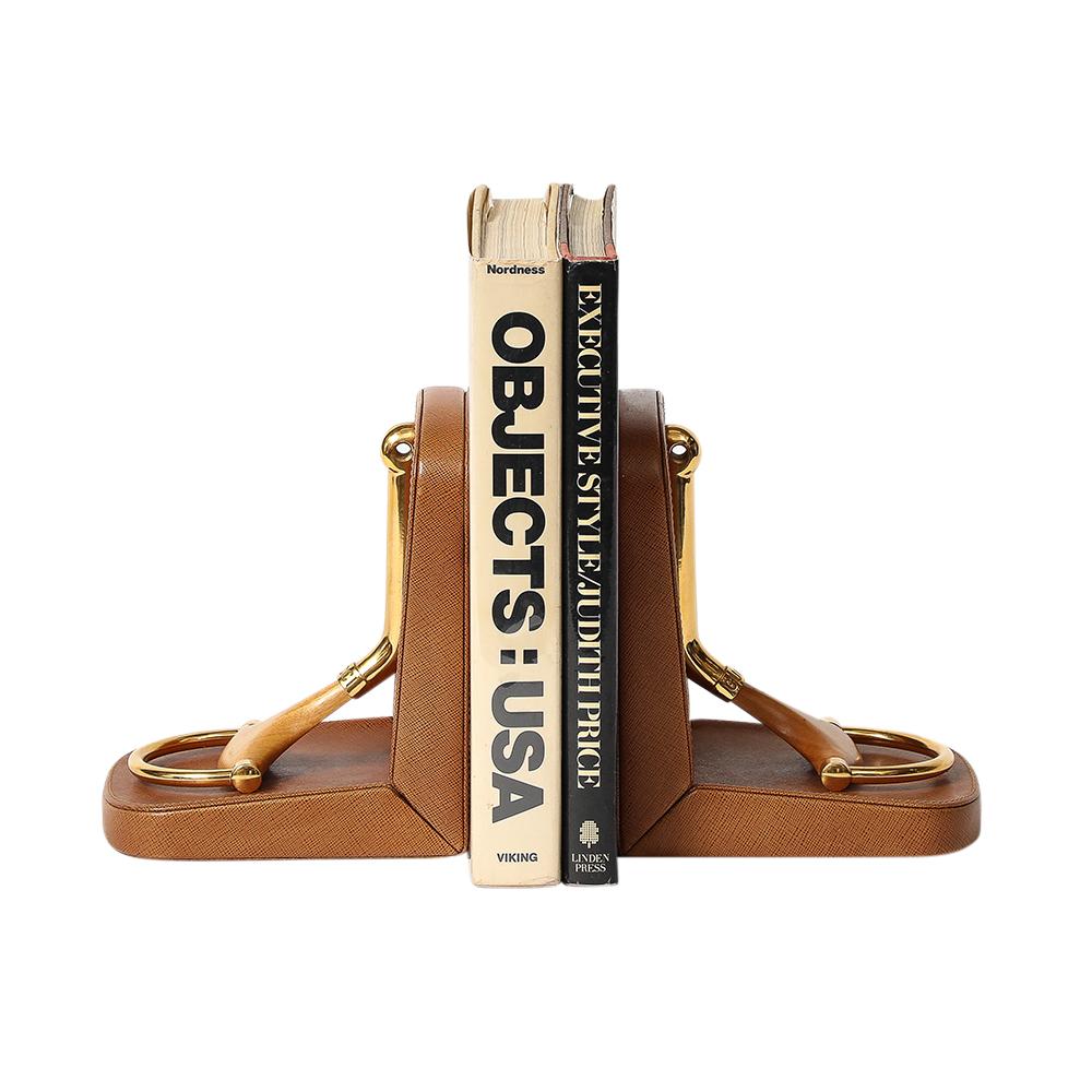 Gucci Horsebit Bookends, Tan Leather, Brass, Wood, Signed For Sale 9