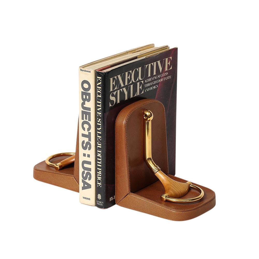 Gucci Horsebit Bookends, Tan Leather, Brass, Wood, Signed For Sale 11