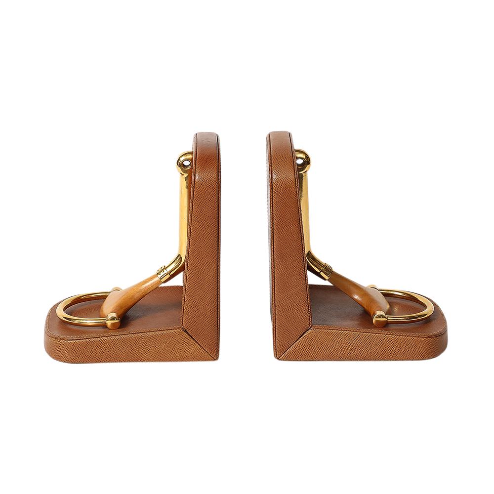 Gucci Horsebit Bookends, Tan Leather, Brass, Wood, Signed. Medium scale  bookends finished in 
