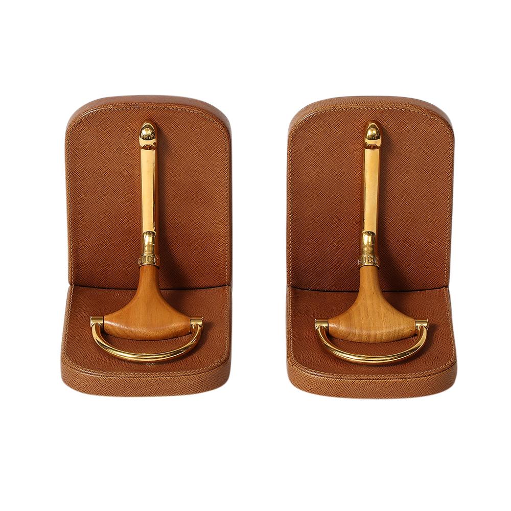 Mid-Century Modern Gucci Horsebit Bookends, Tan Leather, Brass, Wood, Signed For Sale