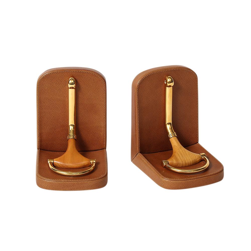 Italian Gucci Horsebit Bookends, Tan Leather, Brass, Wood, Signed For Sale