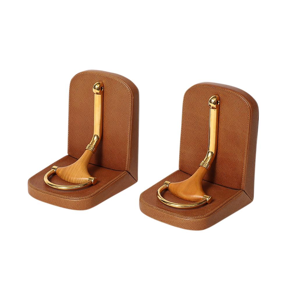 Gucci Horsebit Bookends, Tan Leather, Brass, Wood, Signed In Good Condition For Sale In New York, NY