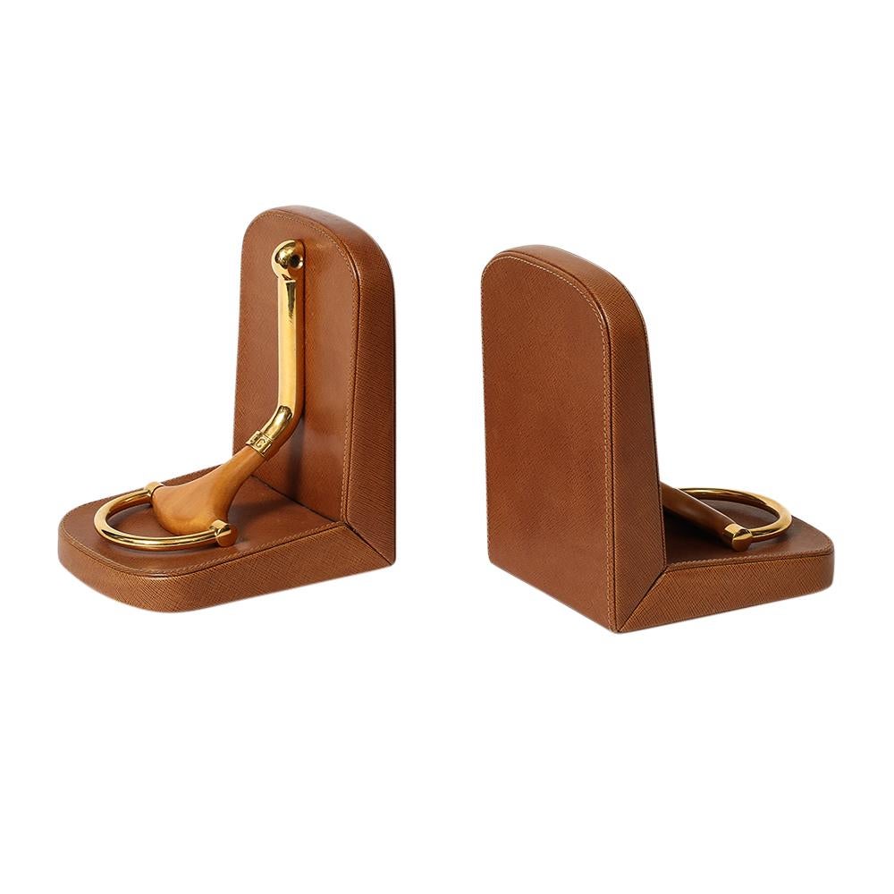 Late 20th Century Gucci Horsebit Bookends, Tan Leather, Brass, Wood, Signed For Sale