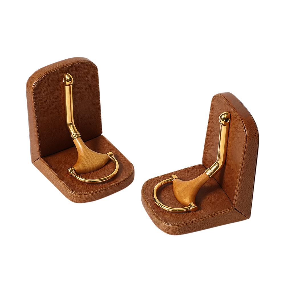 Gucci Horsebit Bookends, Tan Leather, Brass, Wood, Signed For Sale 1