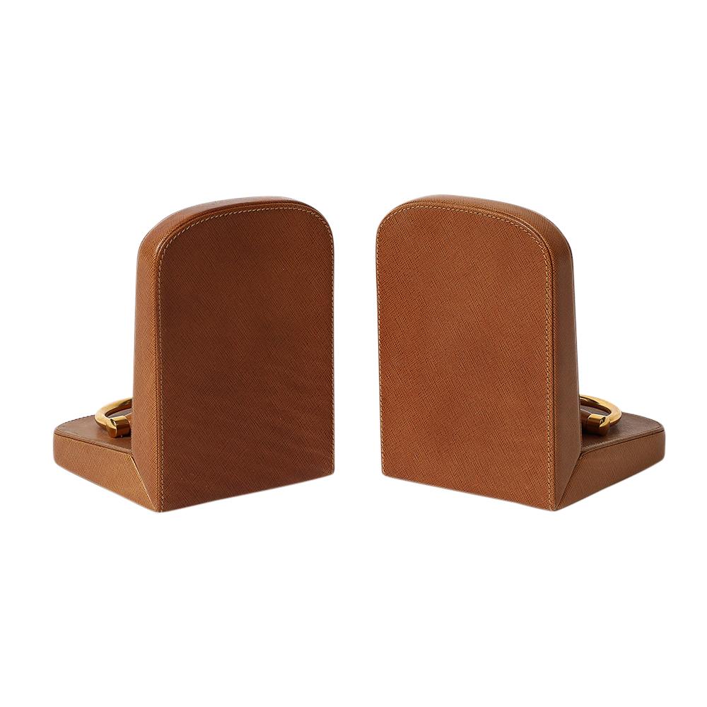 Gucci Horsebit Bookends, Tan Leather, Brass, Wood, Signed For Sale 2