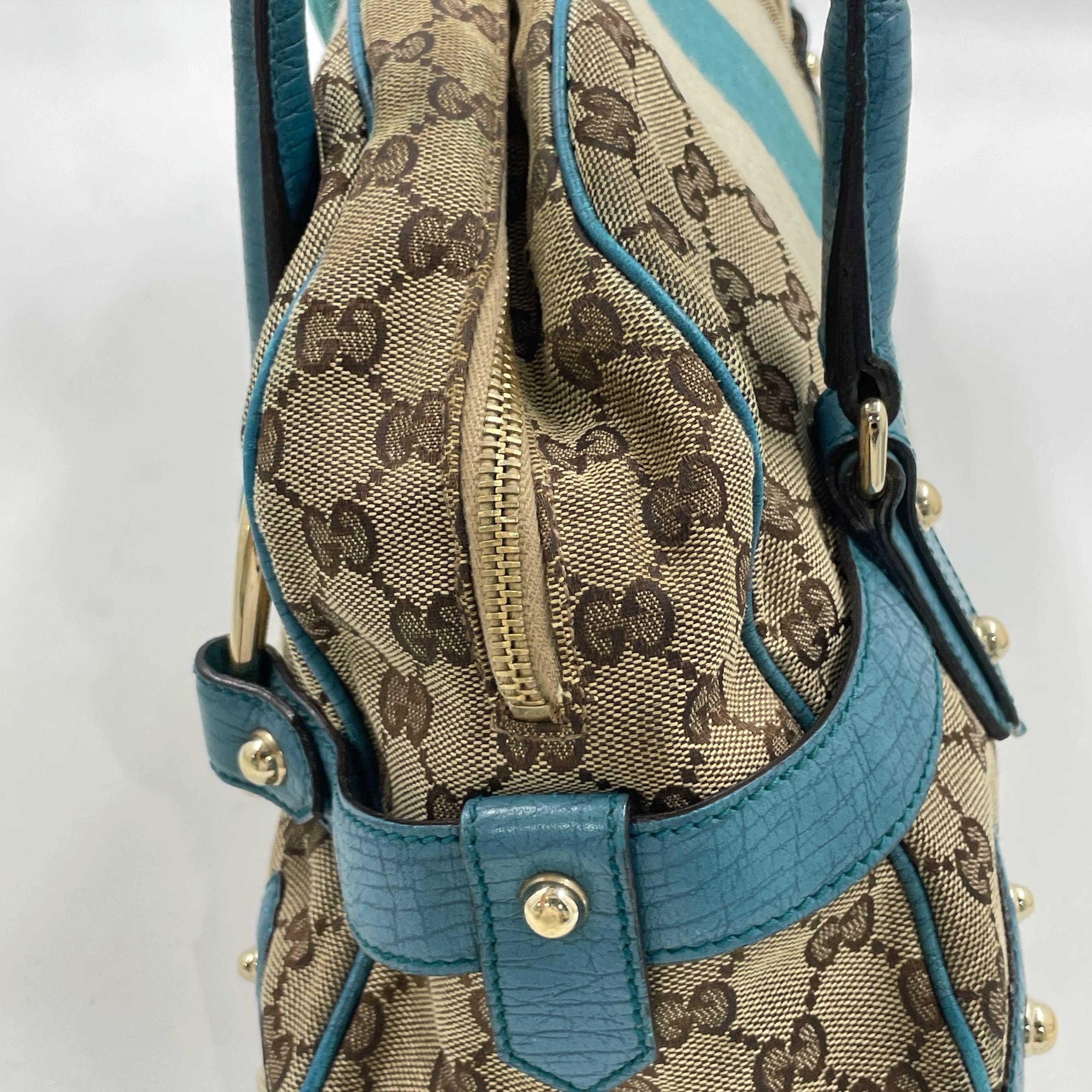 Gucci Horsebit Boston Bowling Handbag Monogram Canvas Blue Leather en vente 6