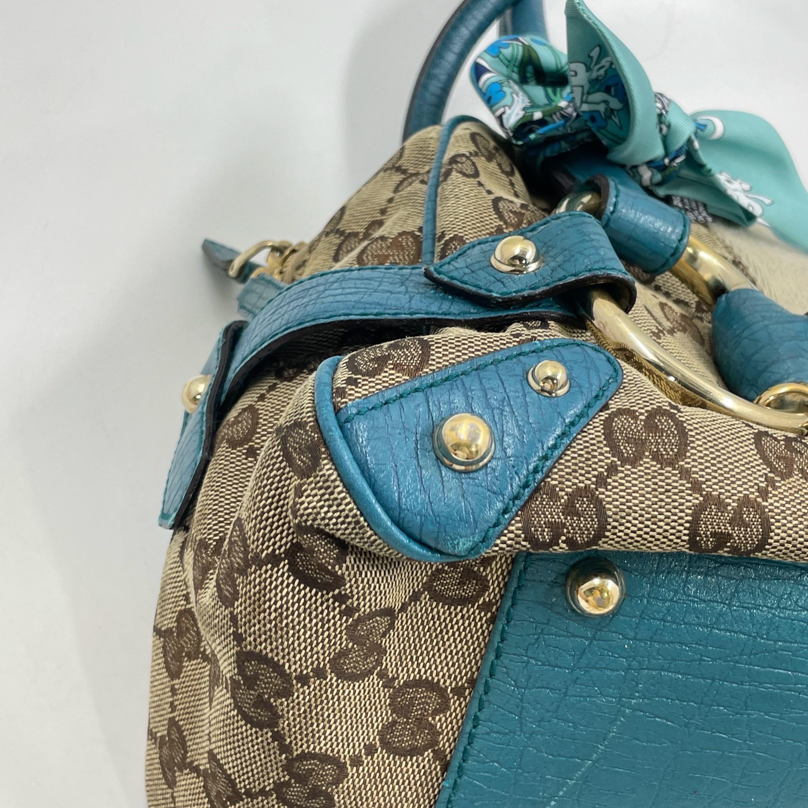 Gucci Horsebit Boston Bowling Handbag Monogram Canvas Blue Leather en vente 7