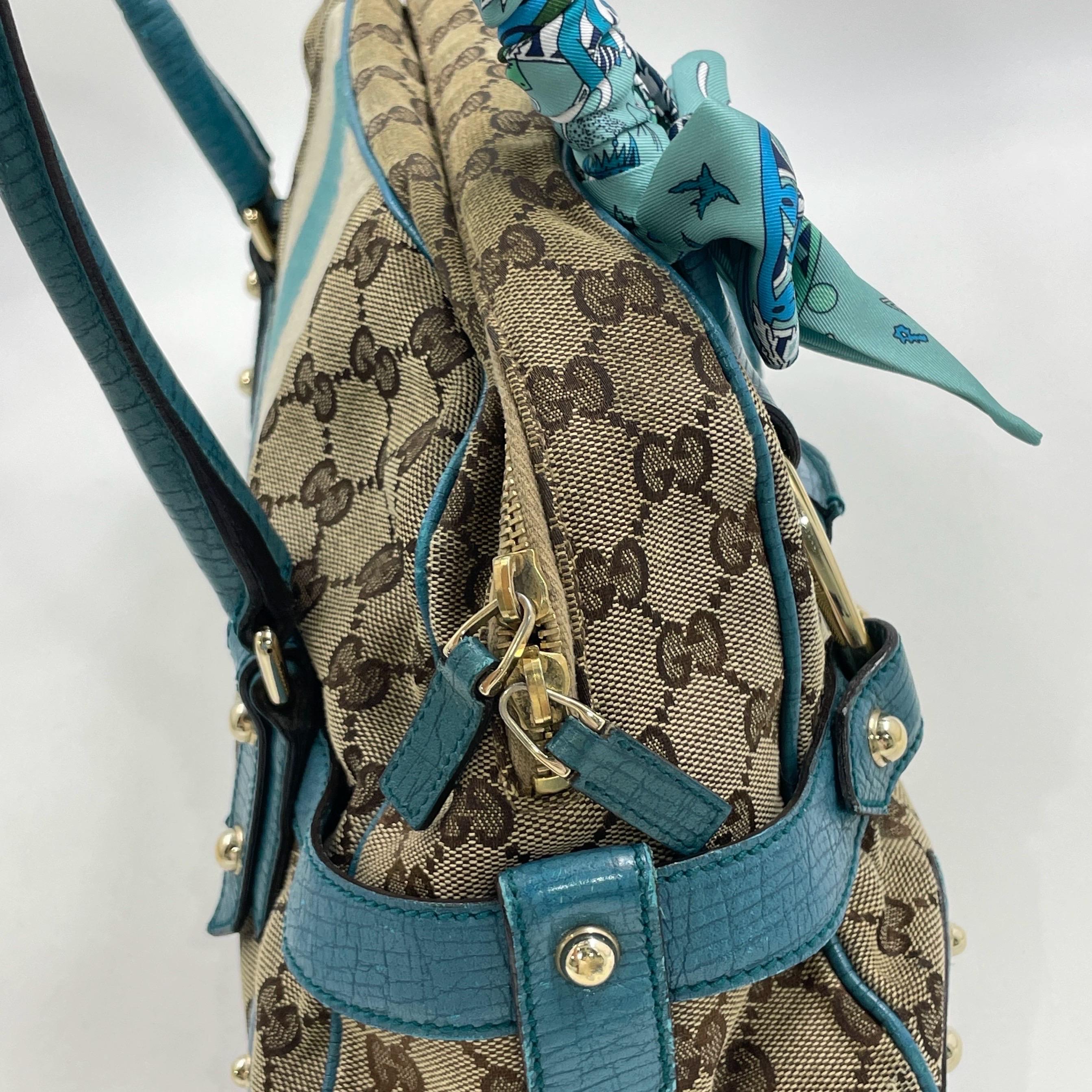 Gucci Horsebit Boston Bowling Handbag Monogram Canvas Blue Leather en vente 8