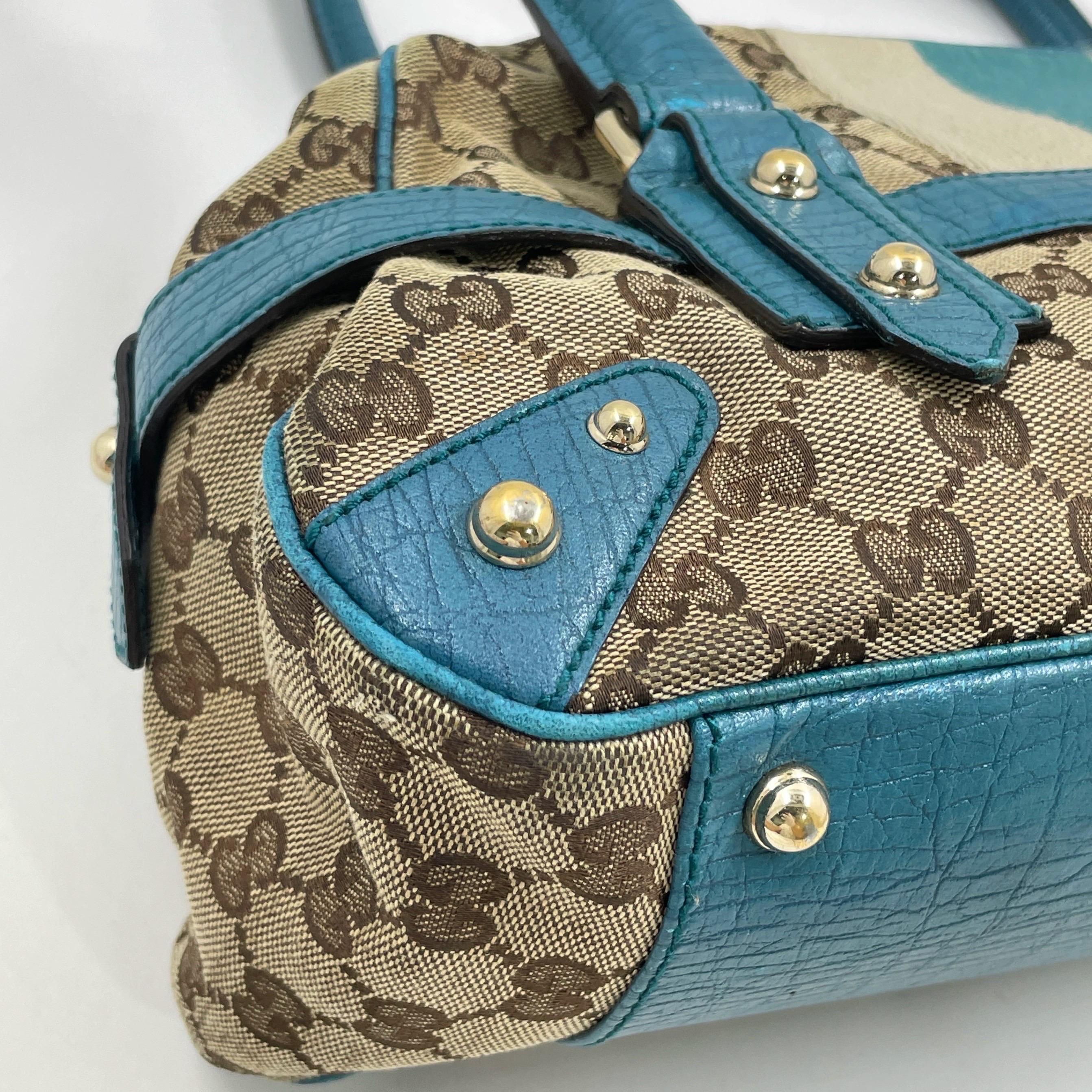 Gucci Horsebit Boston Bowling Handbag Monogram Canvas Blue Leather en vente 9