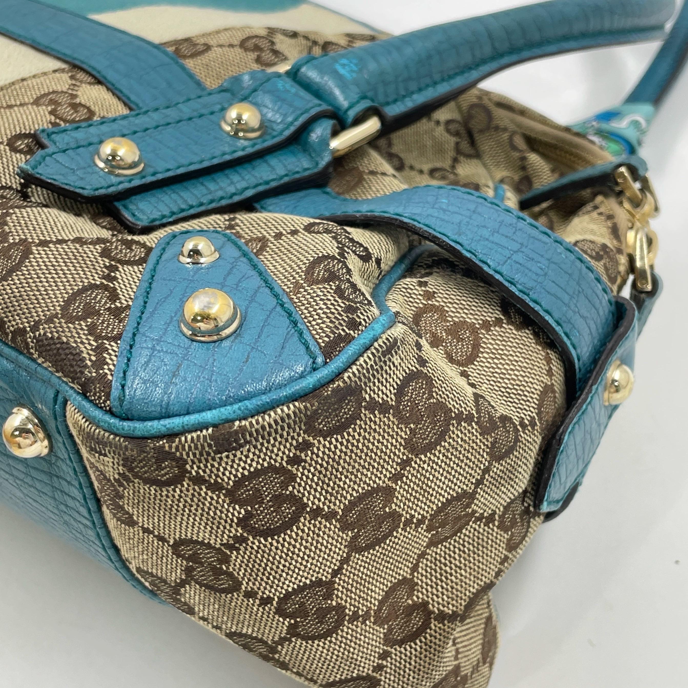 Gucci Horsebit Boston Bowling Handbag Monogram Canvas Blue Leather en vente 10