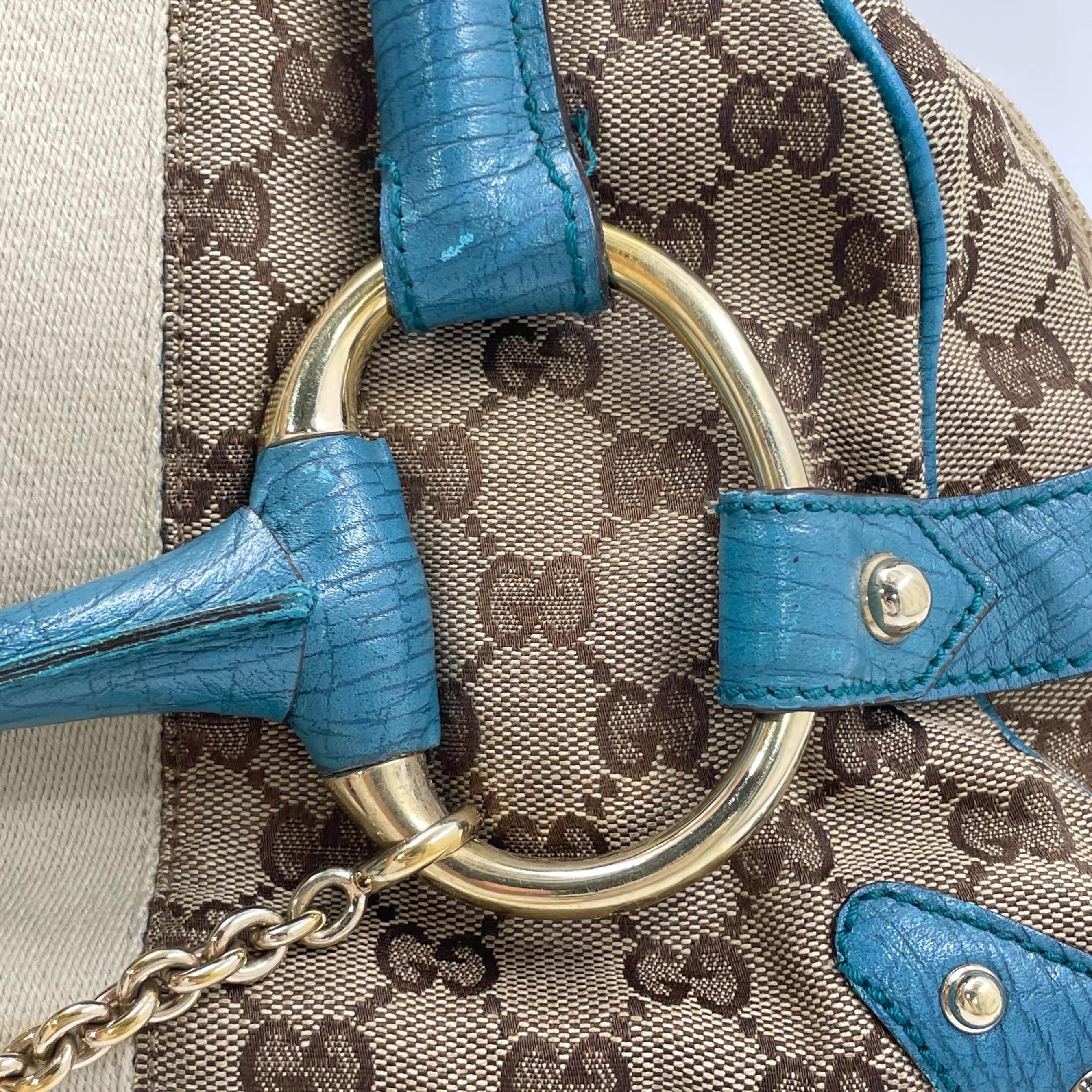 Gucci Horsebit Boston Bowling Handbag Monogram Canvas Blue Leather en vente 11