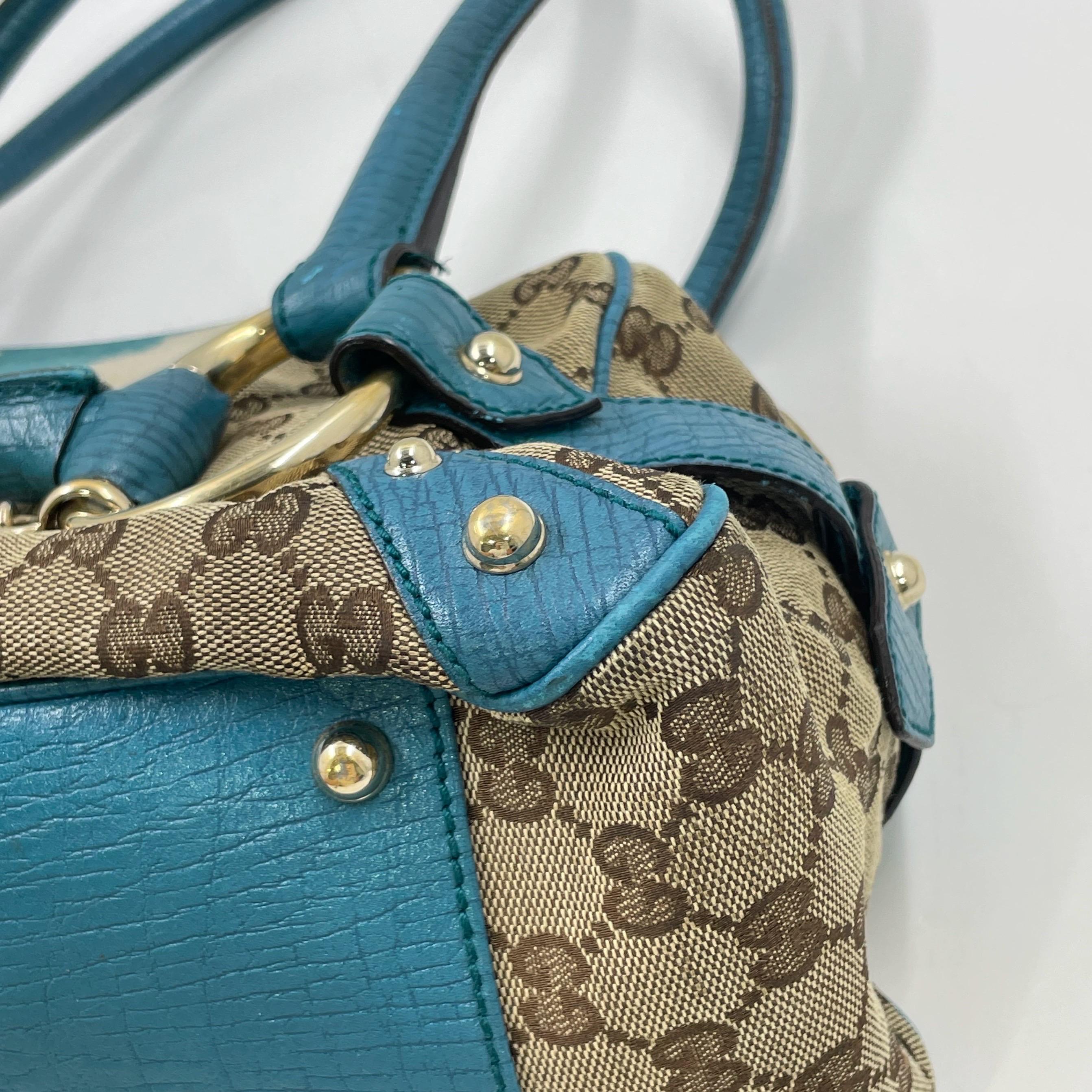 Gucci Horsebit Boston Bowling Handbag Monogram Canvas Blue Leather en vente 12