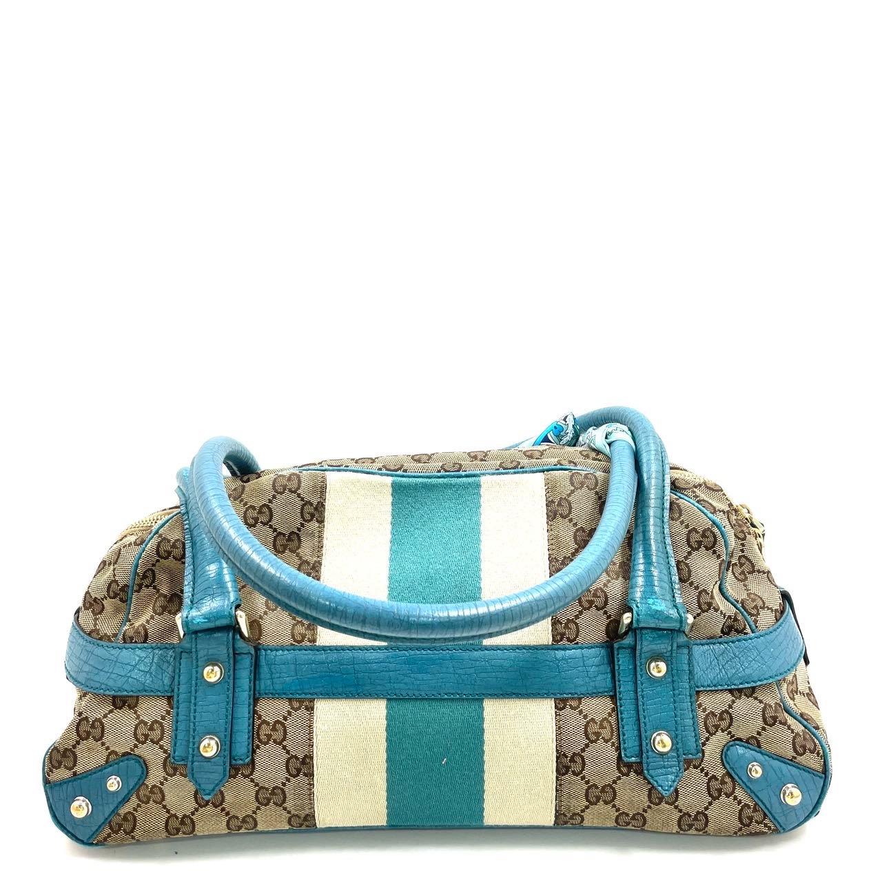 Gris Gucci Horsebit Boston Bowling Handbag Monogram Canvas Blue Leather en vente